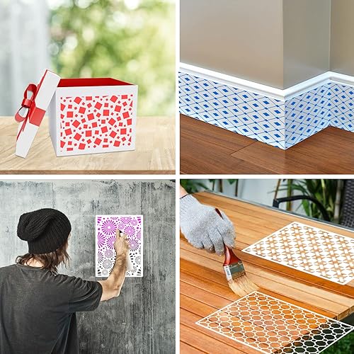 Miniatura 4 de OOTSR Juego de 12 plantillas de pintura geométrica, plantillas de arte de 11.4 x 8.3 pulgadas para manualidades reutilizables, plantillas de pintura