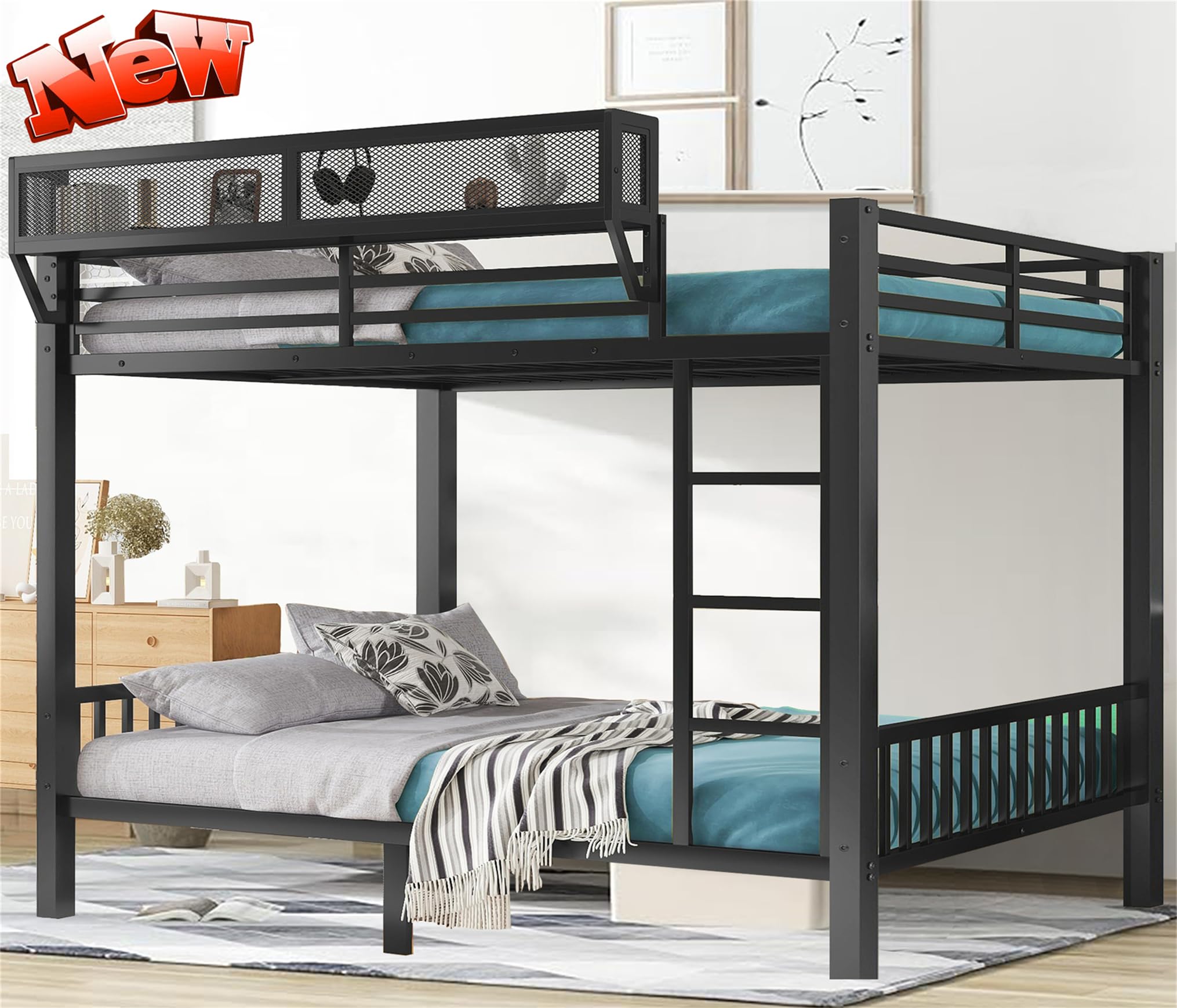 Kntyr Upgraded Version Thicken Metal Queen Over Queen Bunk Bed, Best Modern Style Heavy Duty Bunk Beds Frame with Ladder and Safety Guard Rails for