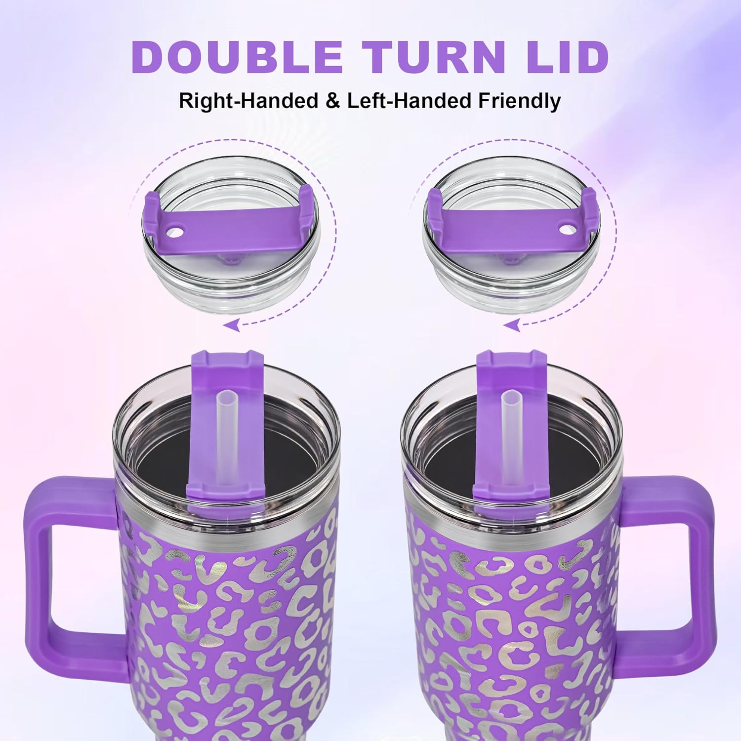 40 oz Tumbler with Handle and Straw, 100% Leak-Proof Travel Mug, Stainless Steel Double Wall Vacuum Insulated Coffee Cup Keeps Cold For 34 Hours, Dishwasher Safe, Purple Leopard - Image 4