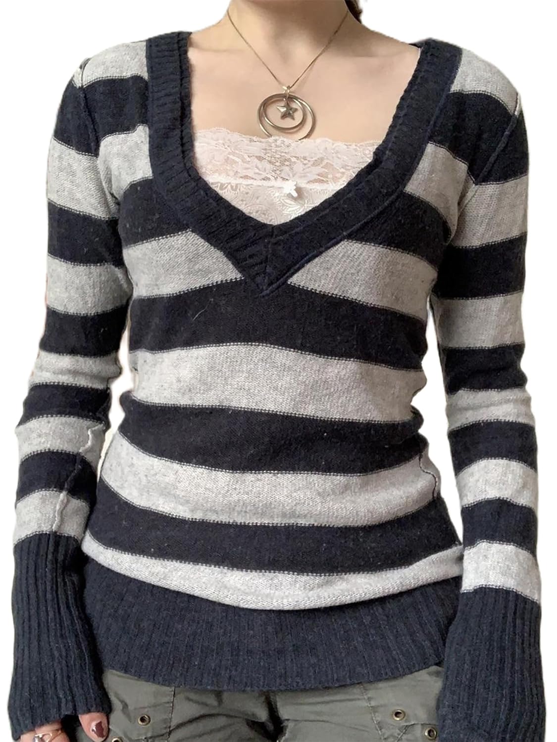 Womens Striped Sweater Long Sleeve V Neck Slim Fit Knit Tops Autumn Winter Vintage Sweaters Streetwear