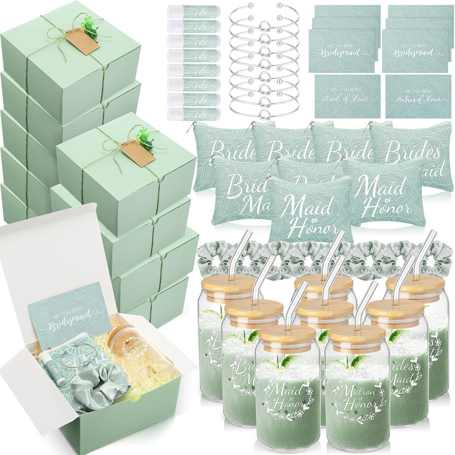 FillTouch 72 Pcs Bridesmaid Proposal Gifts, Will You Be My Bridesmaid, Bride Maid and Matron of Honor Gifts Include Gift Box Glass Cup Makeup Bag Cards Lip Balm Hair Scrunchie Bracelet(Green)