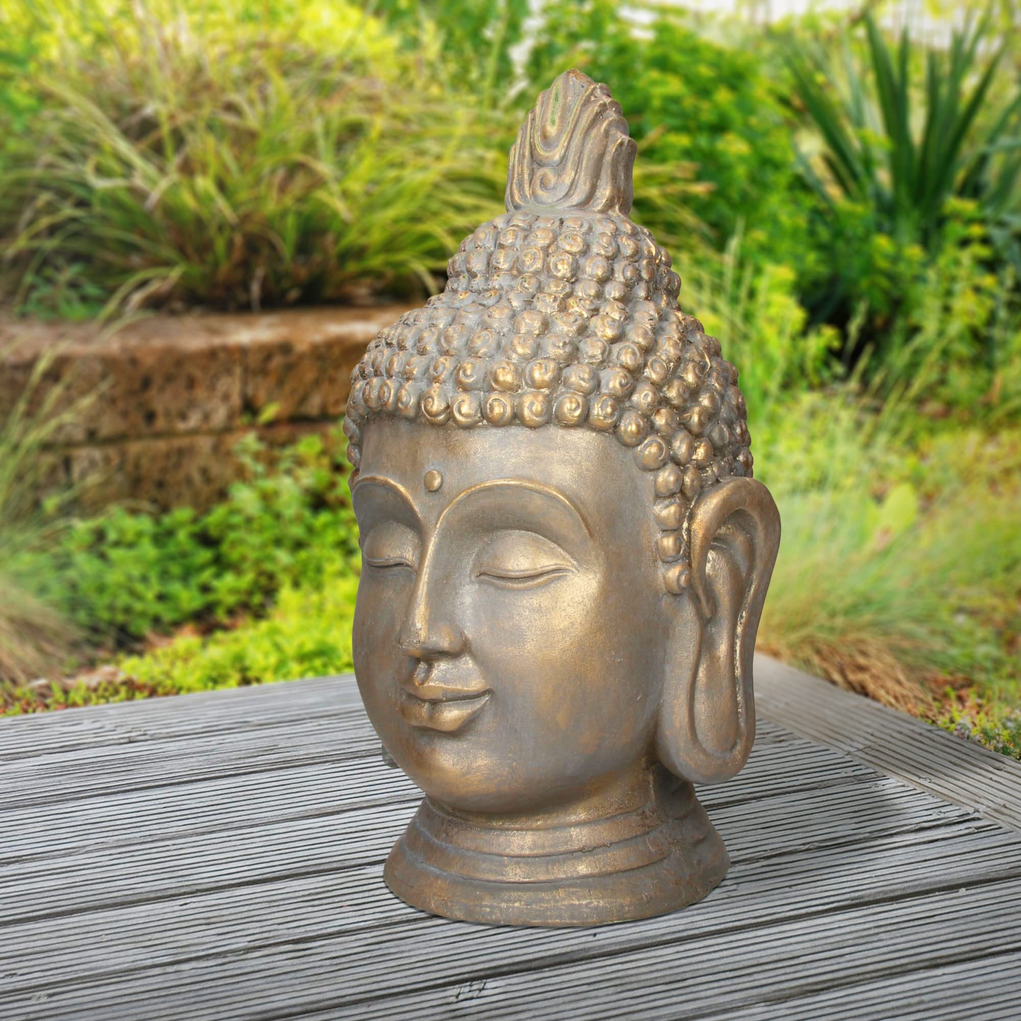 ECD Germany Statua Testa di Buddha 31 x 29 x 53 cm - in Poliresina - Aspetto Bronzo - per Yoga, Feng Shui o Meditazione - Casa o Giardino - Figura Decorativa Scultura Ornamentale da Interno/Esterno