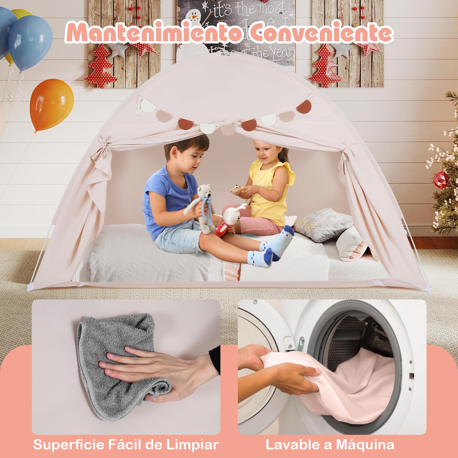 COSTWAY Tienda de Campaña Infantil, Casita Tela Infantil con 2 Ventanas y Banderas, Cabañas para Niños para Habitación Infantil, Tienda de Juego Interior para Niños de 3+ Años,201x100x122 cm (Beige)