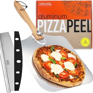 Pizza Peel Aluminum Metal Pizza Paddle - 12" x 14" Pizza Cutter Rocker 14" Blade Pizza Stone Pizza Oven Accessories Pastry, Dough, Pan Peel and Rocker Knife Pizza Tool