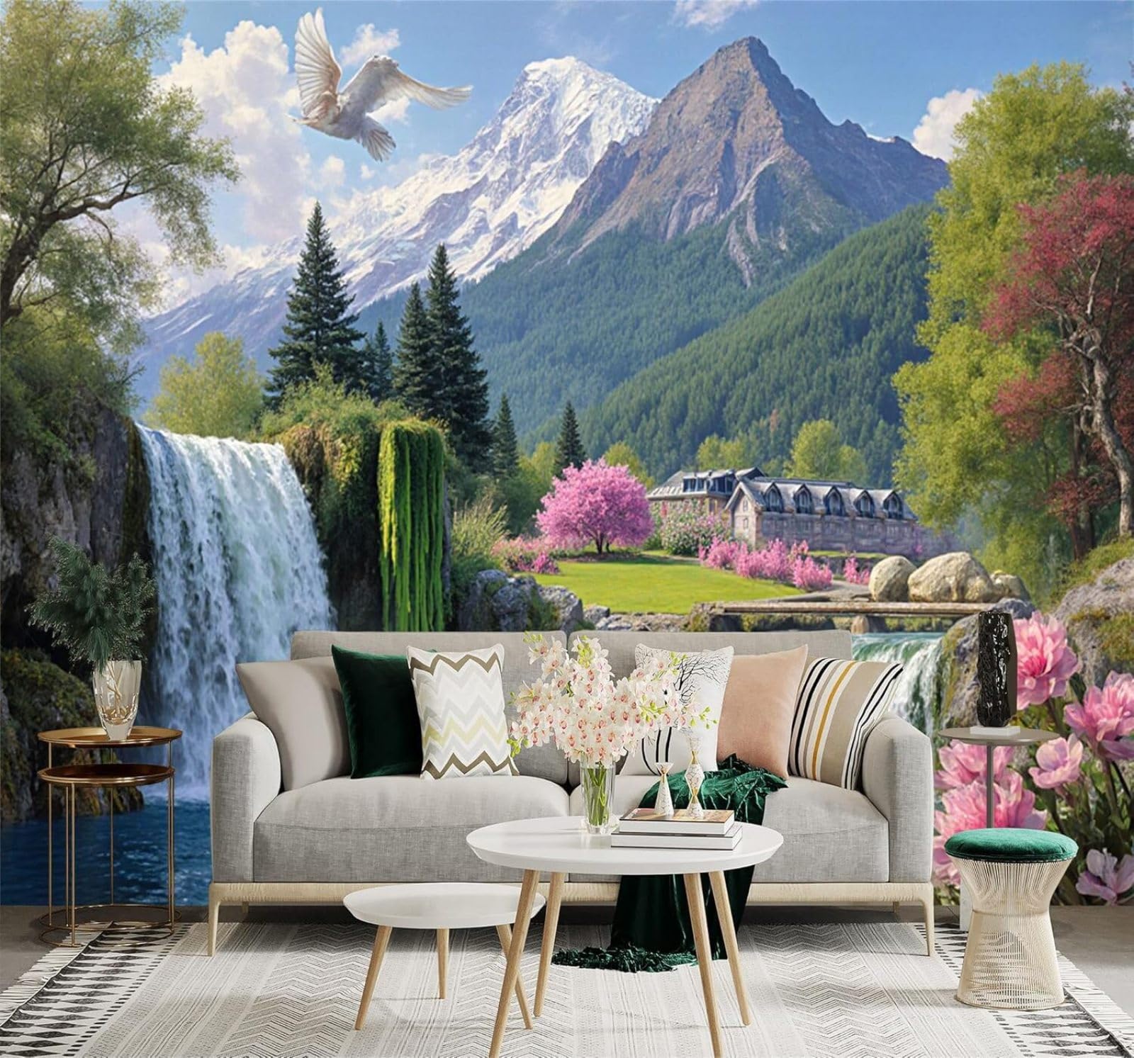 Xlming 250Cm×170Cm(B×H) Spring In Full Bloom Mountain Peaks Waterfalls Green Forests Tranquil Lakes 3D Wallpaper Premium Textured Silk Study Dining Living Room Bedroom Sofa Tv Wall Easy Install-250Cm×170Cm