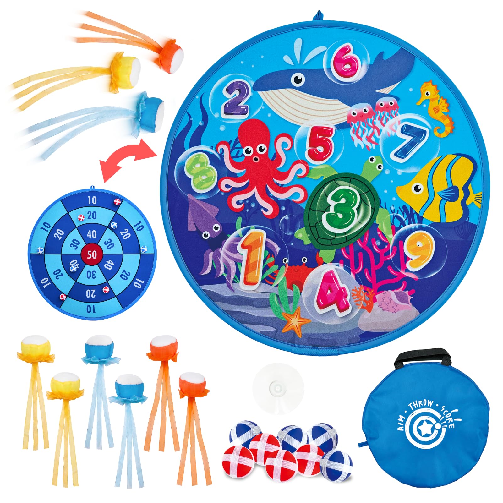 Grip Kids Juego de diana de doble cara con temática de números y océanos, tablero de dardos grande de 26 pulgadas con bolas adhesivas y bolas de lanzamiento de medusas, juguete de regalo para