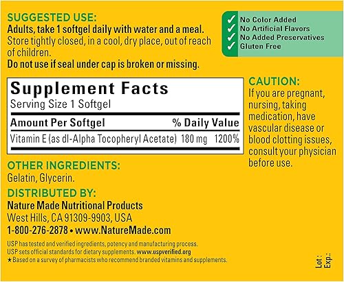 Vista 12 de Nature Made Vitamina E 267 mg (400 UI) d-alfa, suplemento dietético para apoyo antioxidante, 100 cápsulas blandas, suministro para 100 días