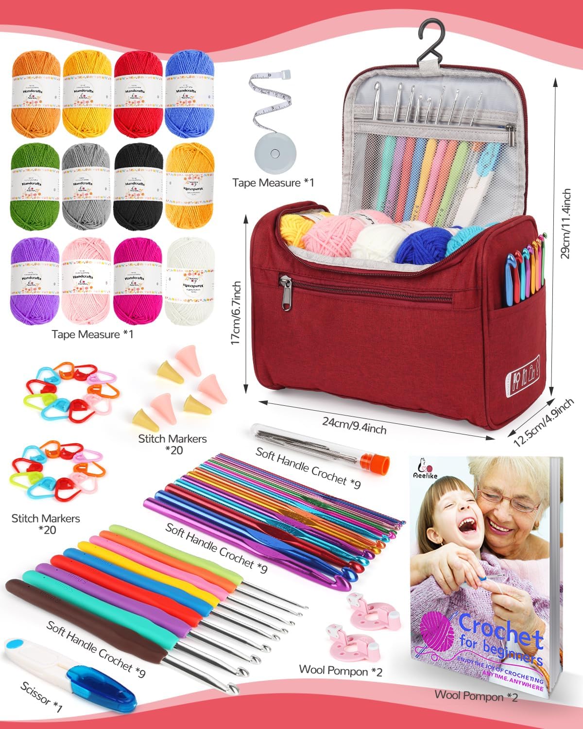 Aeelike Crochet Kit for Beginners Young and Old, First Crochet Kit for Adults Include 23pcs Crocheting Hooks, 655 Yards Yarn Set, Instruction, Bag, Crocheting Accessories and Supplies, WineRed