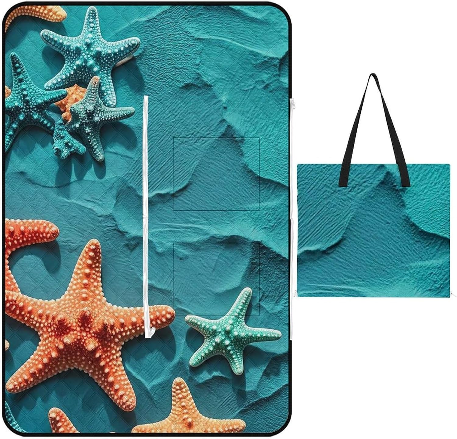 Coral and Starfish Picnic Blanket with Zippered Tote Bag, Waterproof Portable Outdoor Blanket, Lightweight Foldable Outdoor Mat for Beach, Camping, Park, 150x100cm