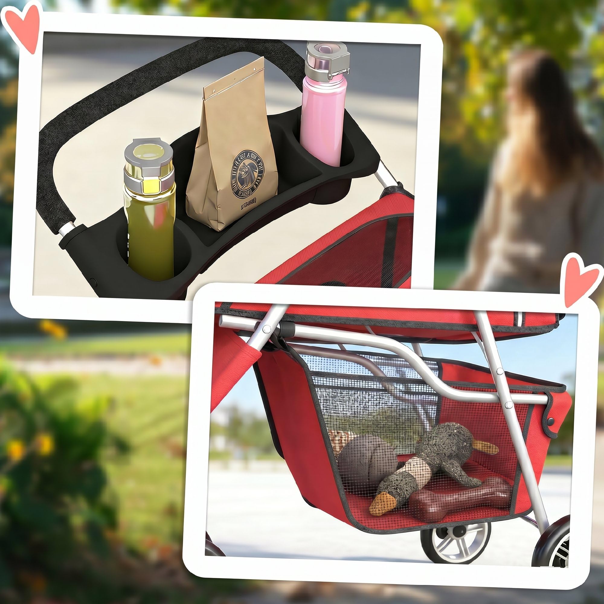PawHut Poussette Buggy Pliable Animaux Chien Tout Terrain Rouge | Chariot Pliant Chien Chat, Panier de Rangement Inclus, Roues Avec Frein, Tissu 600D Oxford Acier, Porte-Gobelet, 75x45x97cm