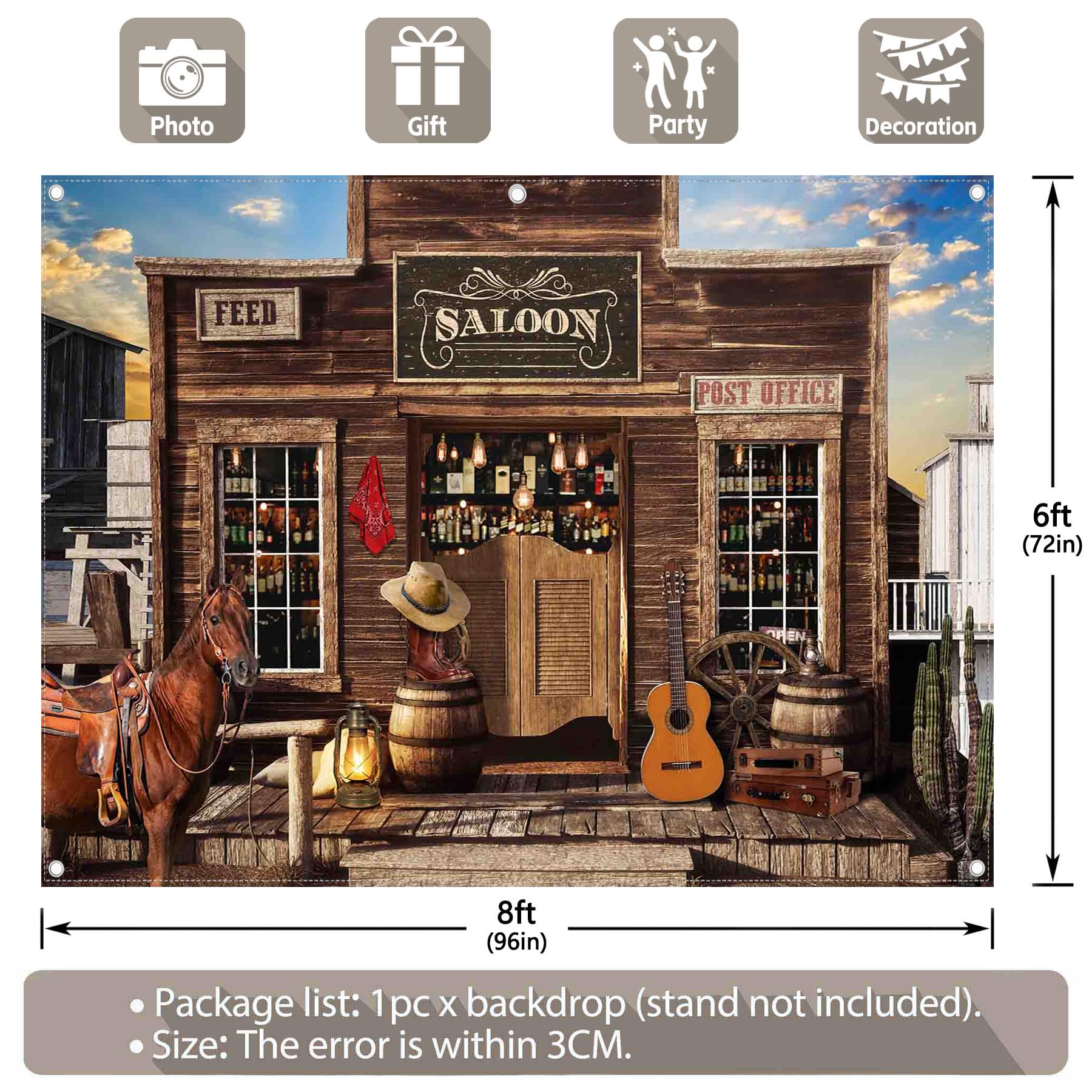 Luminora 2,4 x 1,8 m Toile de fond en tissu pour photographie de cow-boy occidental, bar rustique, maison en bois, arrière-plan du Far West, décorations de fête pour enfants et adultes, bannière photo