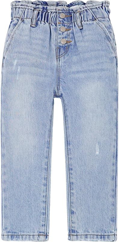 KIDSCOOL Pantalones jeans elásticos de cintura alta para niñas pequeñas | Cómodos jeans de mezclilla de cintura alta tipo bolsa de papel para niñas pequeñas, con banda elástica flexible y lindos detalles de botones.