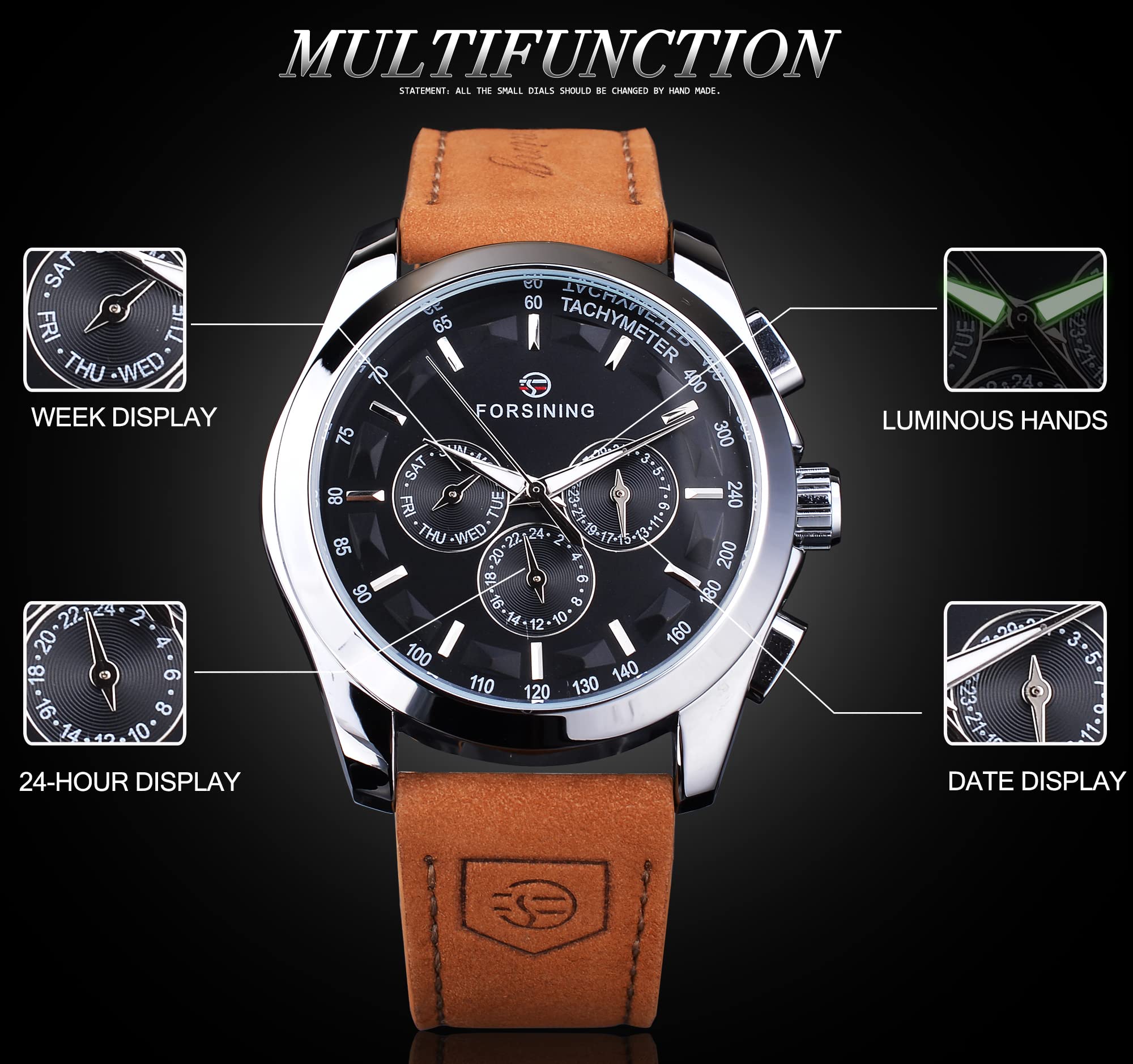 FORSINING Orologio da polso meccanico da uomo automatico a carica automatica orologio militare cinturino in vera pelle impermeabile luminoso casual business