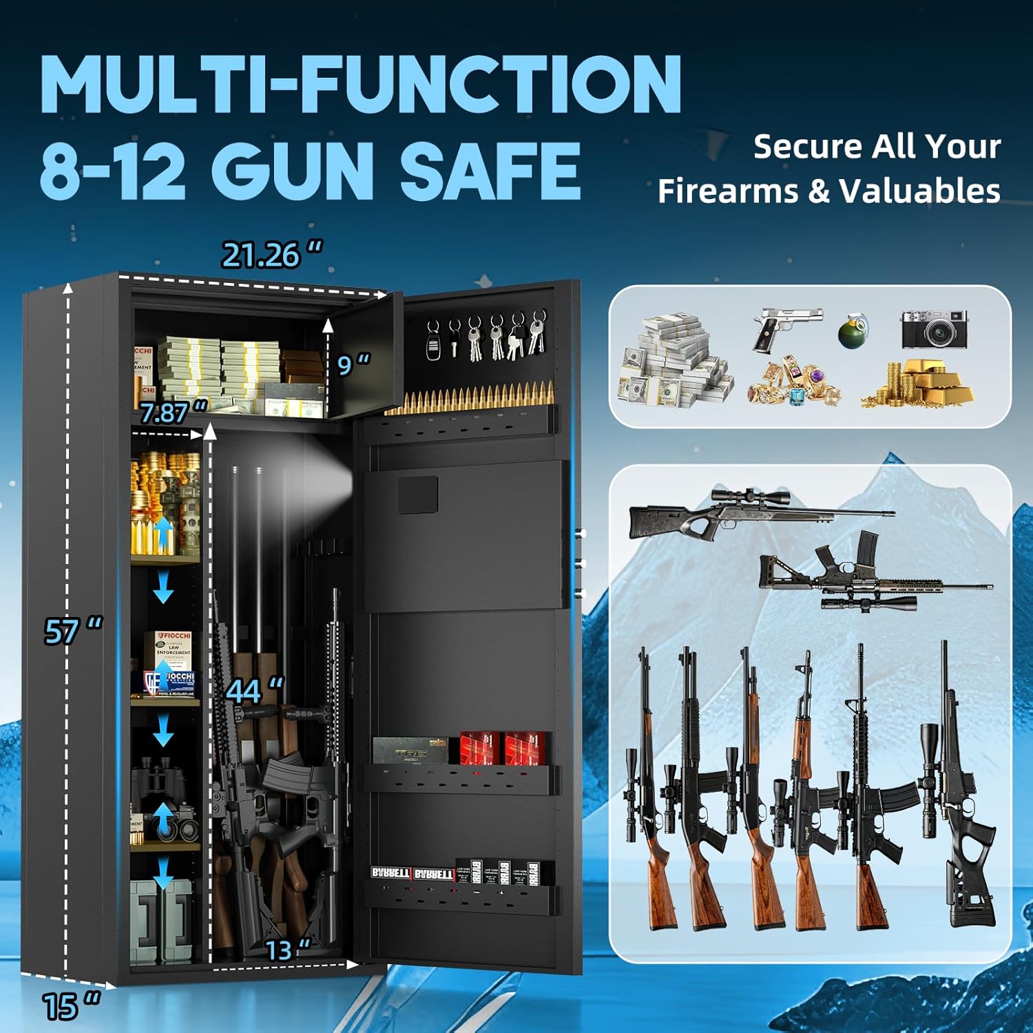 12-15 Large Gun Safe for Rifles and Pistols, Gun Cabinets for Rifles and Shotguns with Digital Keypad and Alarm Mode, Easy Assembly Rifle Safe for Home, Internal Lockable Box & Removable Shelves