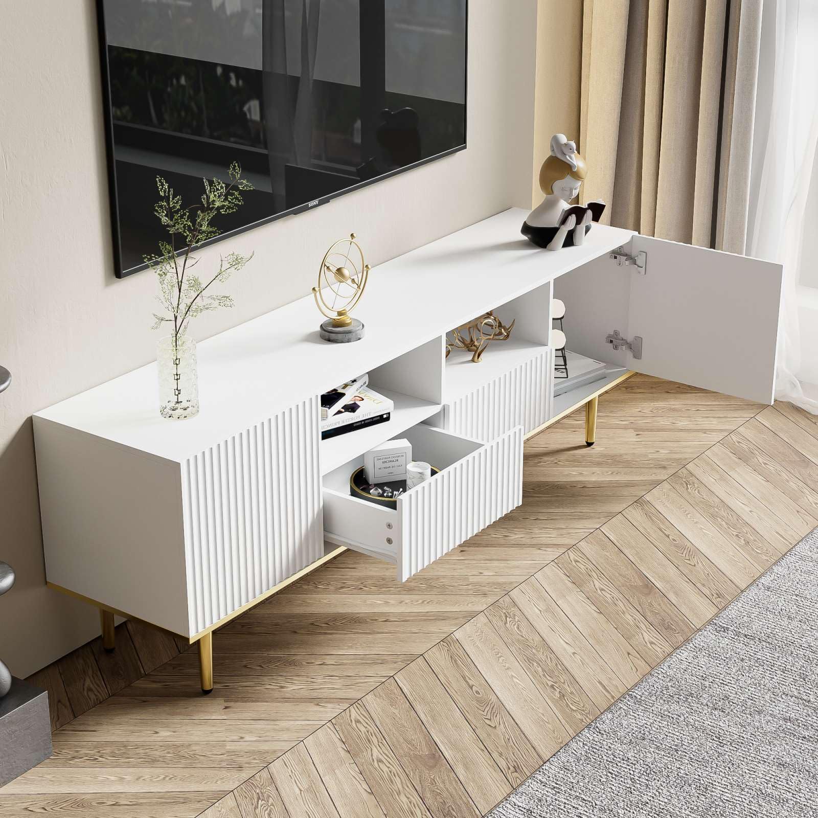 Euro Style TV-Schrank Mit LED-Beleuchtung – 140 Cm Breites Lowboard In Gold-Eiche Für Wohnzimmer & Schlafzimmer, Mit Klick-Öffnung & RGB-Fernbedienung
