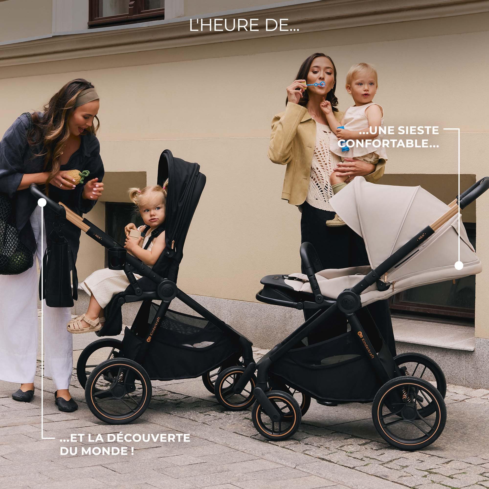 Kinderkraft NEA 2, Poussette de la naissance à 22 kg, Pliage d'une seule main, Position allongée, Grande capote, 4 roues amortissantes, Filtre UPF 50+, Panier jusqu'à 5 kg, Beige