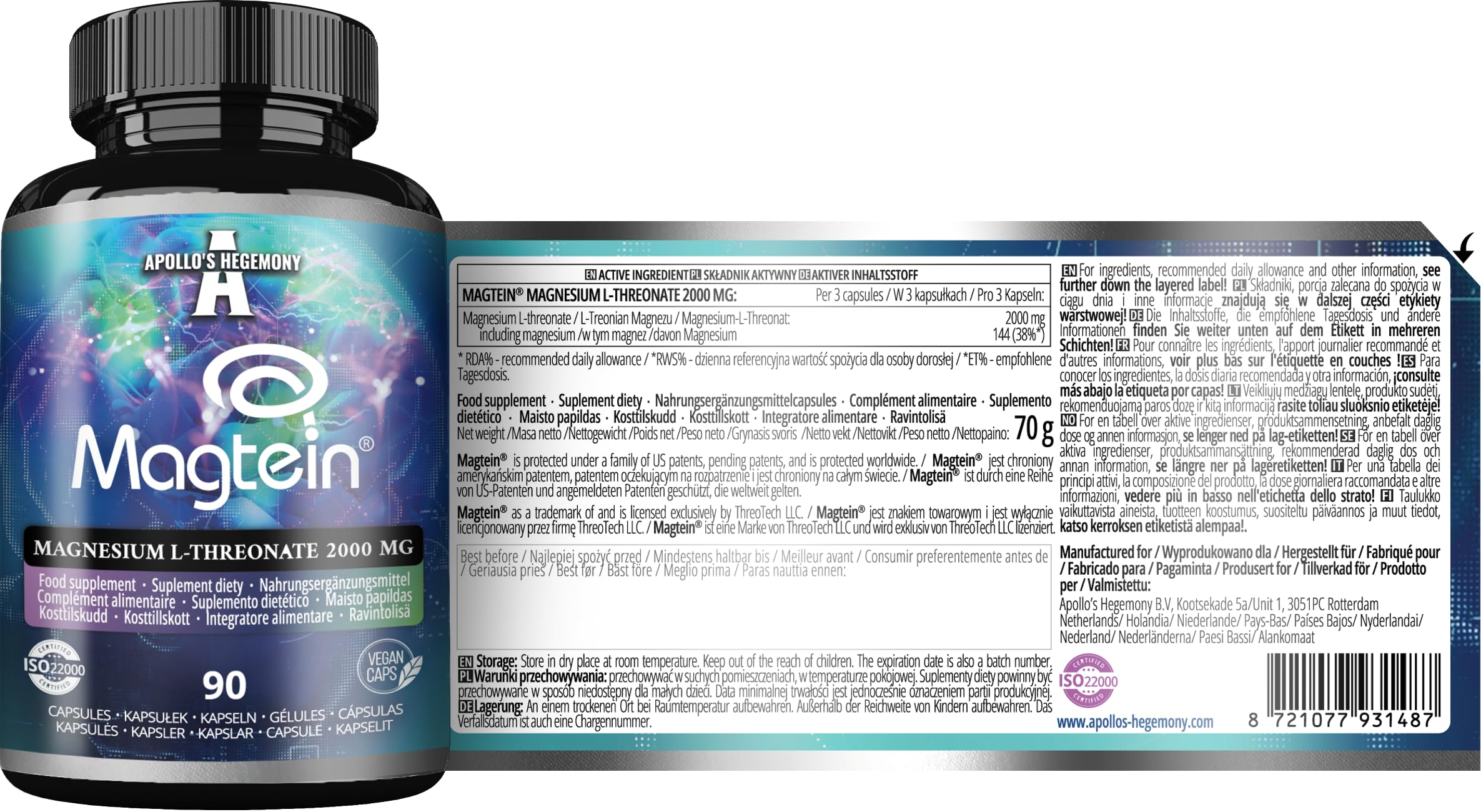 Magtein® L-treonian magnezu 144 mg w dziennej dawce - 90 wegańskich kapsułek - 30-dniowy zapas - dla wsparcia funkcji poznawczych - firmy Apollo's Hegemony