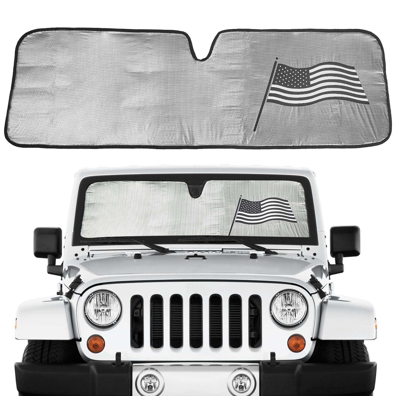 JOYTUTUS Upgraded Windshield Sun Shade Compatible with Wrangler JK JKU TJ 1997-2018, Foldable JK Windshield Sunshade Sun Visor Blocks UV Rays, US Flag Pattern