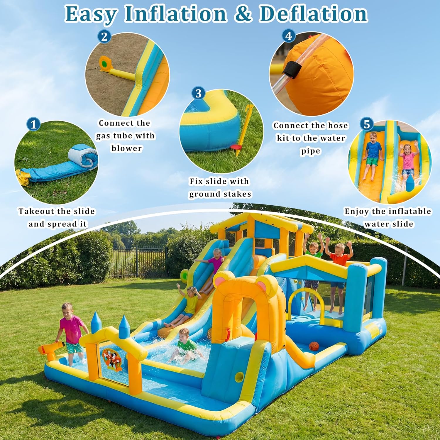 19.2FT Giant Inflatable Water Dual Slide for Kids Backyard,Blow Up Bounce House Water Park with 650W Blower,2 Slides,Climbing Wall,2 Splash Pool,Basketball Hoop,Dartboard Game,Water Cannon