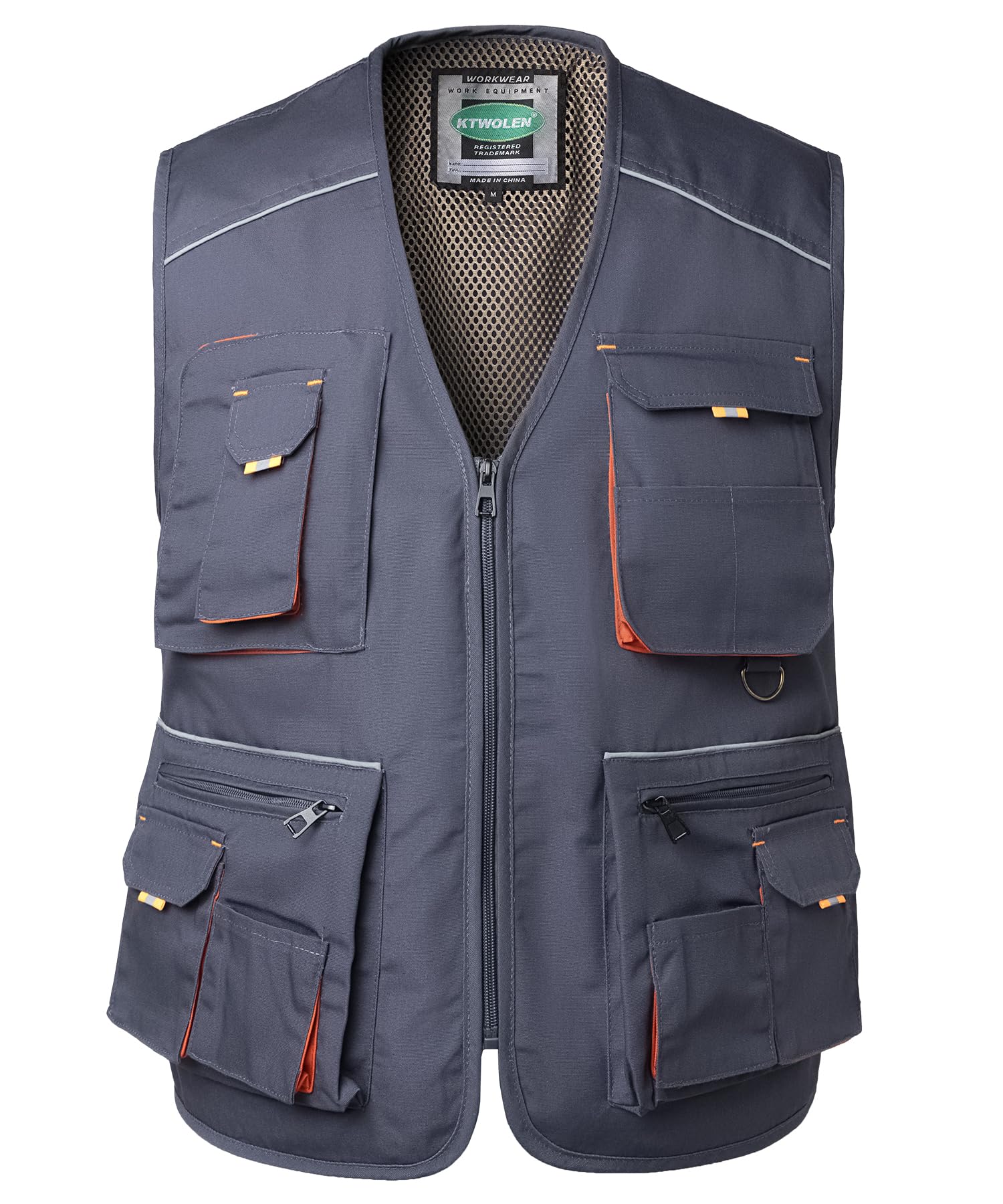 KTWOLEN Men's Work Tool Vest Carpenters Multi-Pocket Safety Vests Mechanics Sleeveless Work Gilet, Grey, XXL