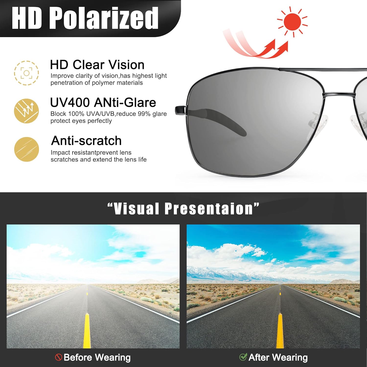 Aviator Sunglasses for Womens Men UV Protection Polarized Pilot Style Durable Metal Frame with Spring Hinges - Image 7