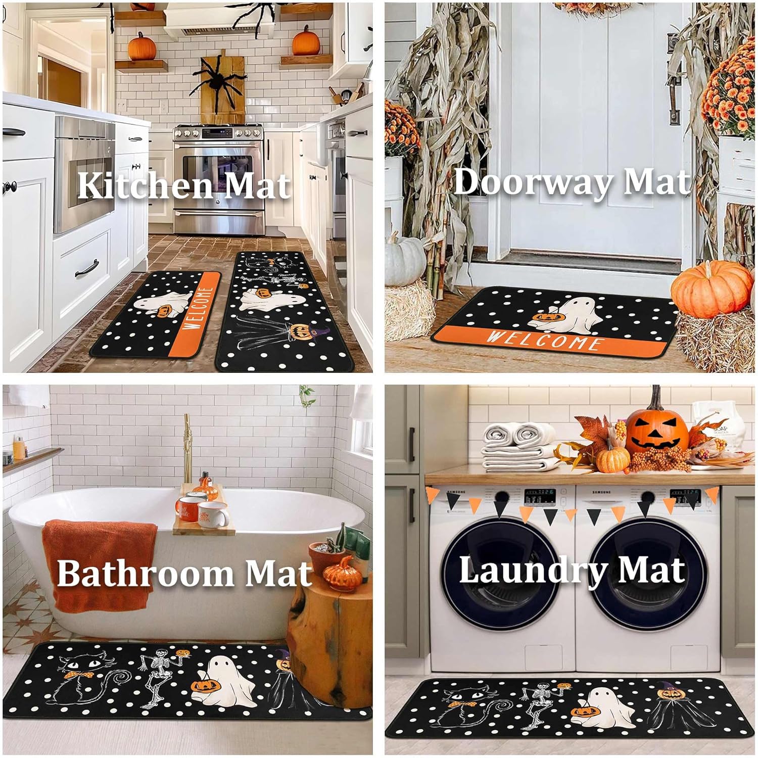 Halloween Welcome Kitchen Rugs Set of 2, Halloween Decorations Non Slip Backing Black Cat Pumpkin Ghost Skull Kitchen Mats for Floor Holiday Rug Halloween Decor for Home 17"X47"+17"X30"