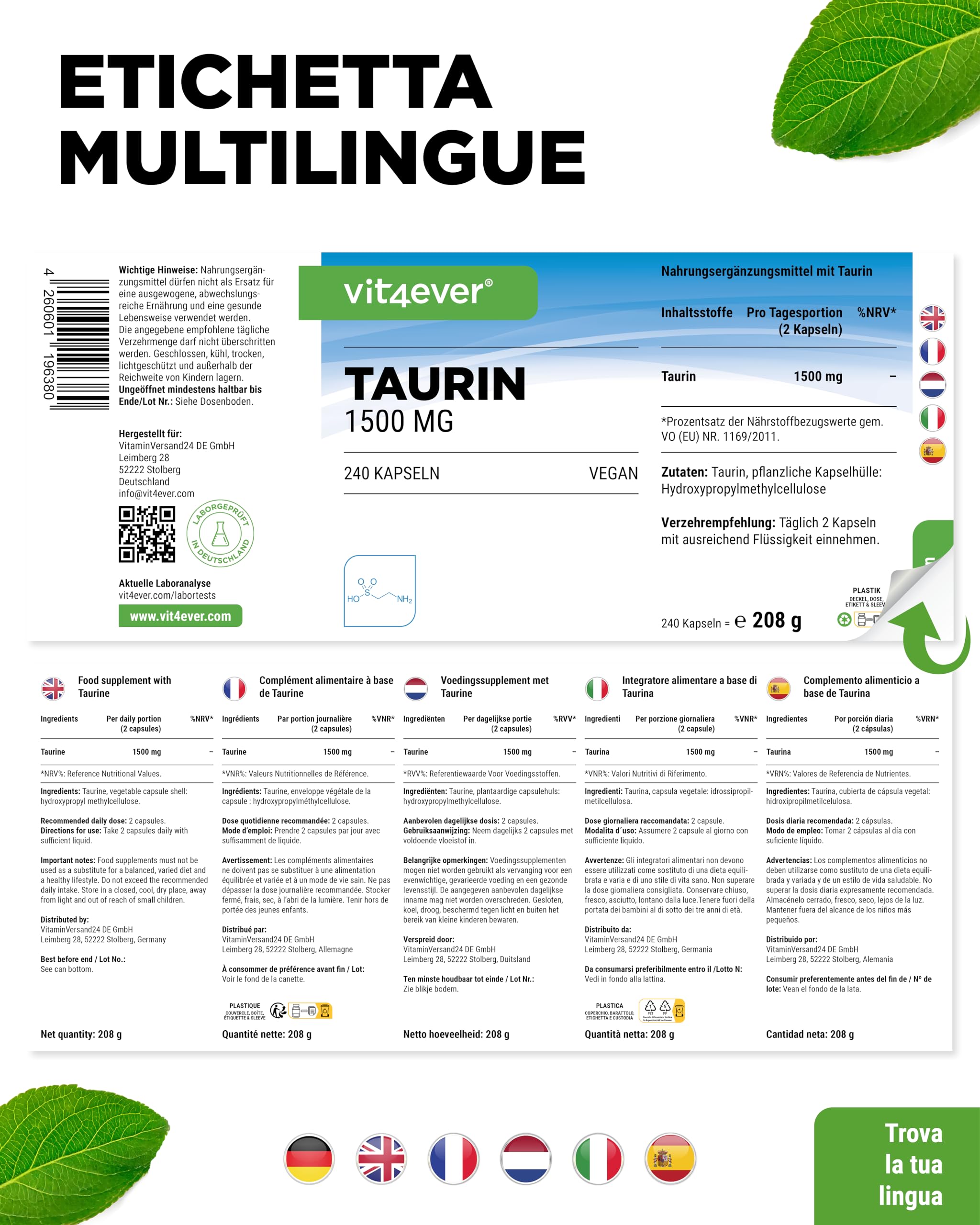 Taurina - 240 Capsule - Dosaggio Elevato con 1500 mg per Dose Giornaliera - Purezza al 99% - Nessun Additivo - Vegano