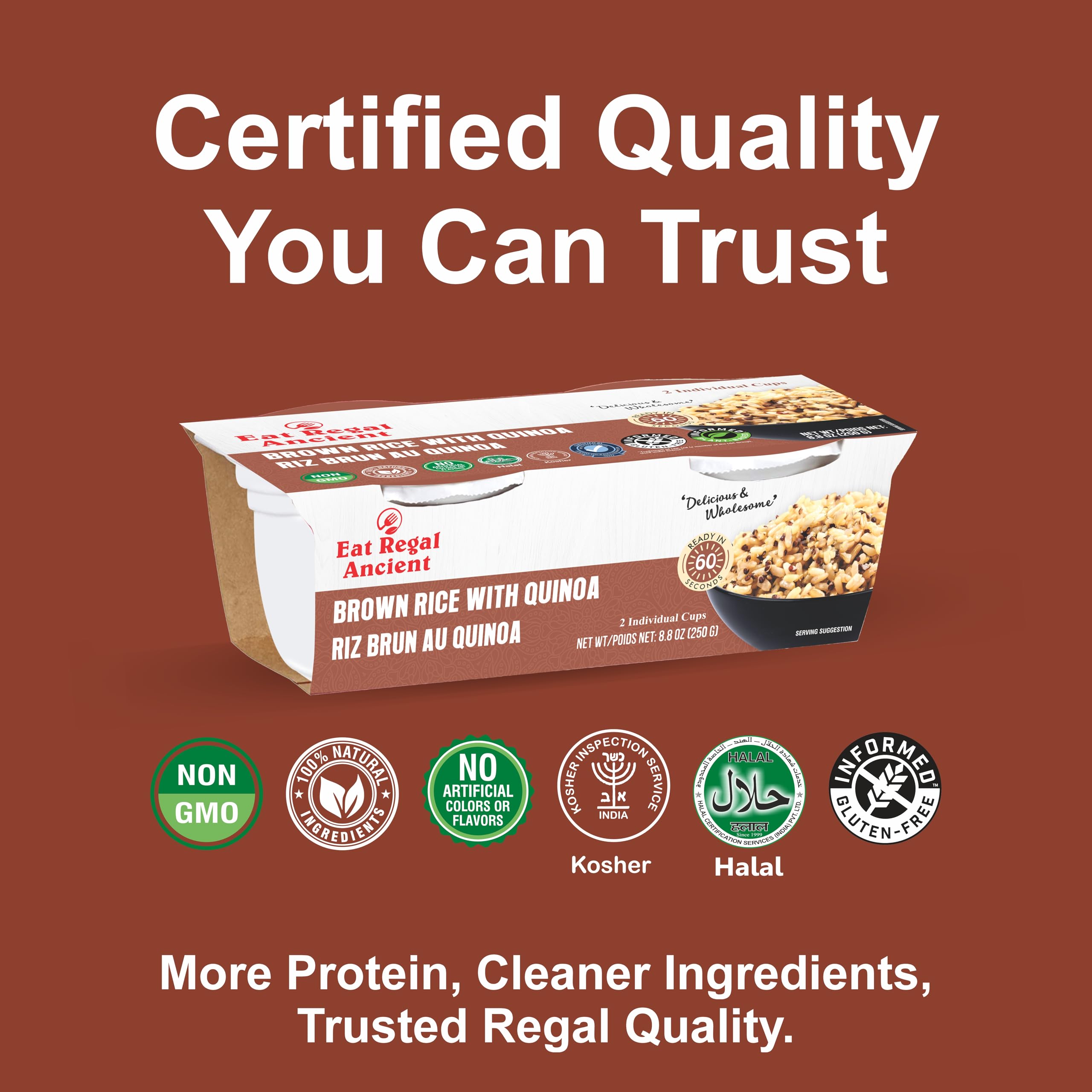 Eat Regal Brown Rice with Quinoa Cups, Nutty & Wholesome, 6 Clean Non GMO Ingredients, Ready in 1 Minute, 10g Protein 6g Fiber, Vegan Gluten-Free, 8.8oz (2×125g), No Leftovers No Mess | Pack of 6