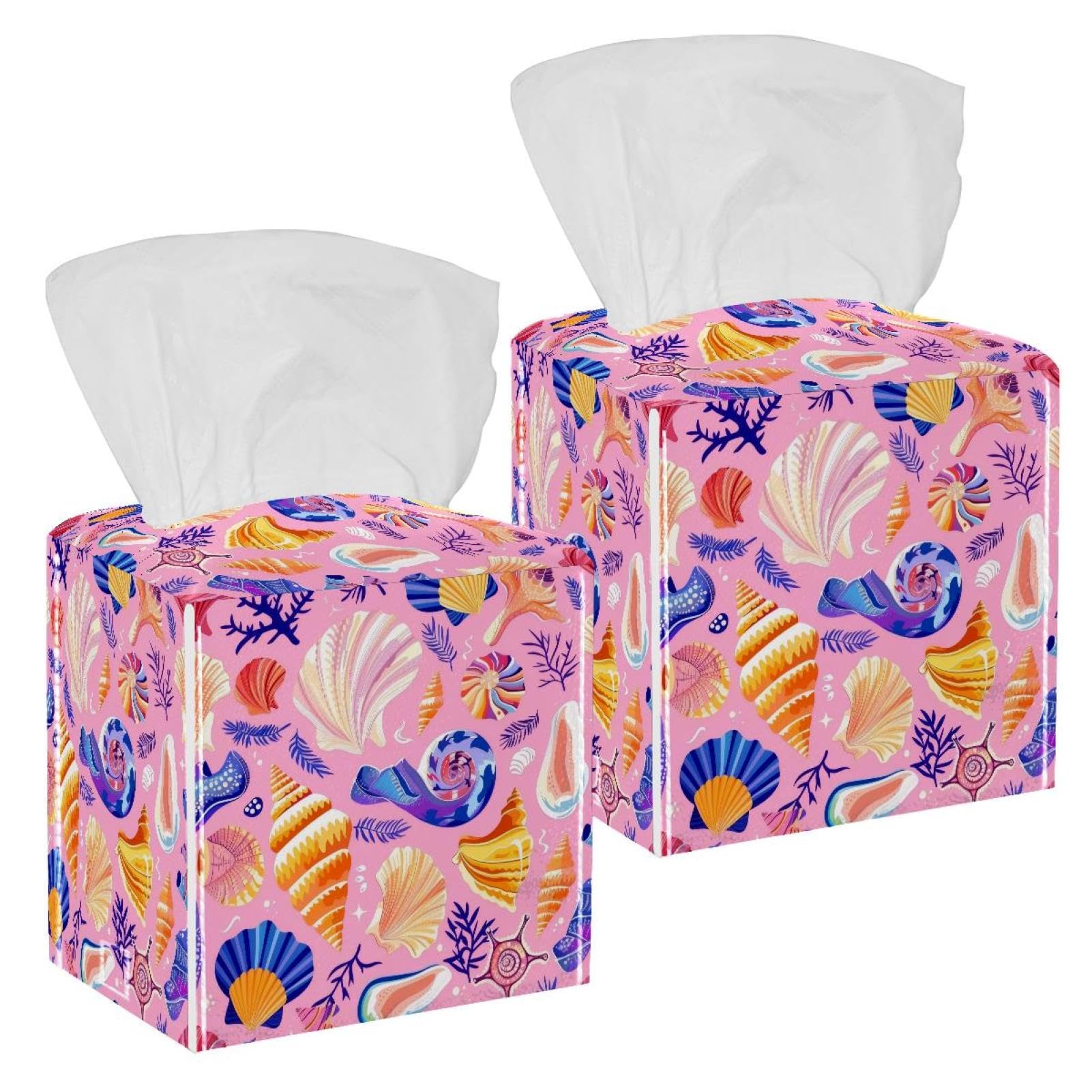 Colorful Seashell Tissue Box Cover, 2 Pack PU Leather Square Facial Tissue Dispenser Box holder for Home Office Car