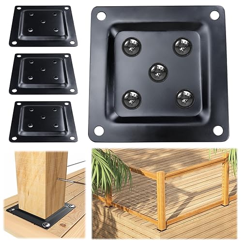 Muzata Paquete de 4 x 4 pulgadas, conector de placa de poste de madera, placa base de poste de cubierta, valla de madera, barandilla de porche, base