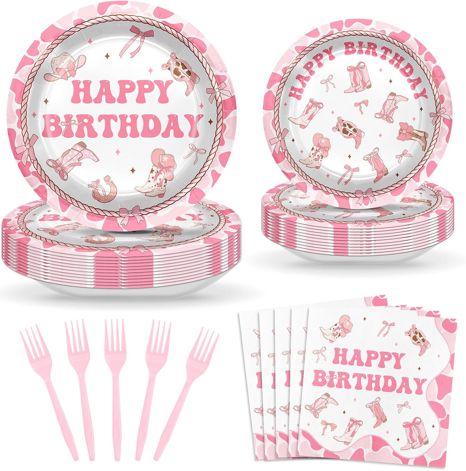 Avezano 96 PCS Cowgirl Birthday Party Decorations Disposable Pink Coquette Bow Tableware Western Cowgirl Birthday Plates and Napkins for Women Girls, Serves 24