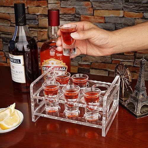 Miniatura 3 de D&Z Bandeja de vidrio acrílico para servir con 6 vasos de chupito transparentes de tequila de base pesada de 1 oz