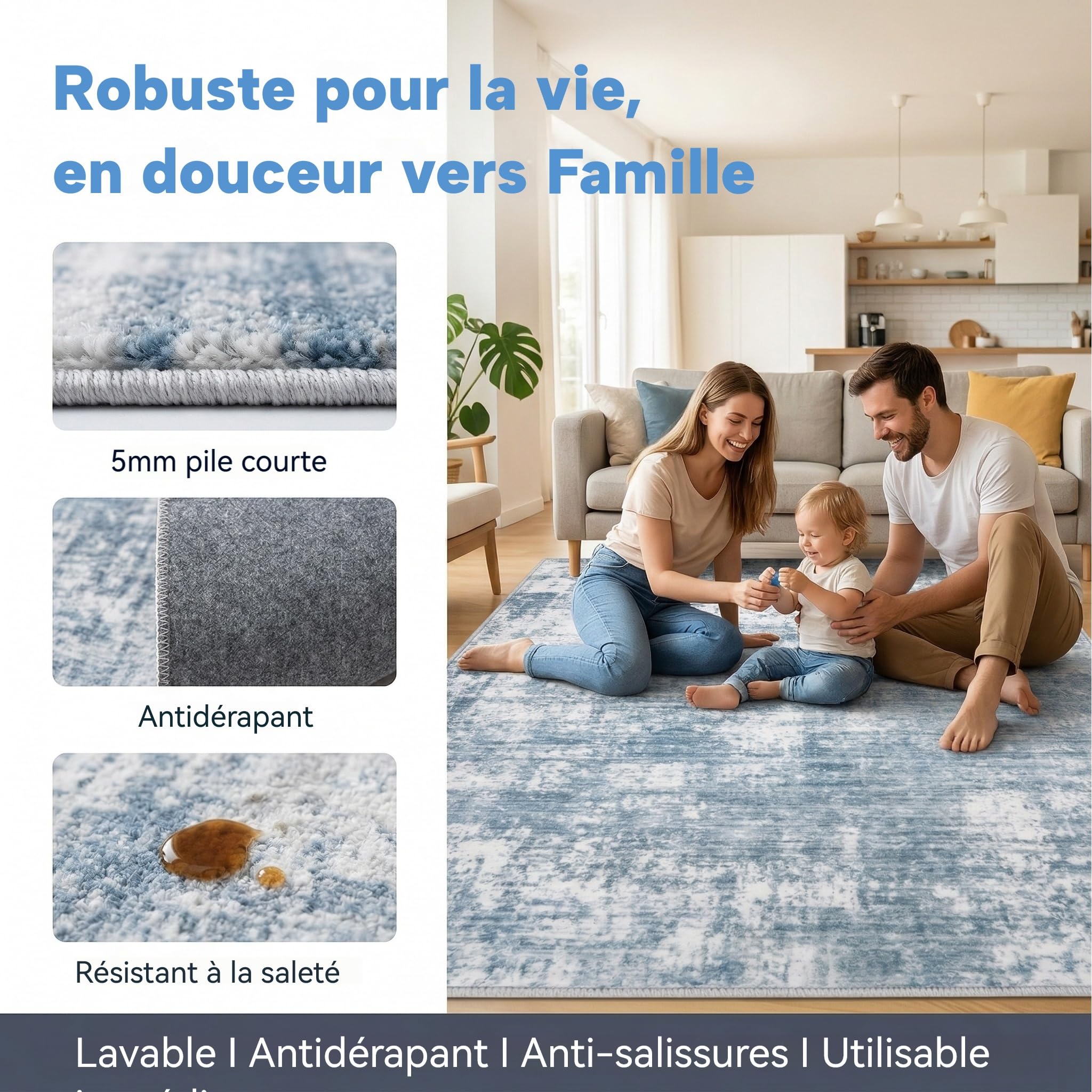Grand Tapis Salon Moderne Abstrait Lavable en Machine, à Poils Courts en Fausse Laine,Tapis de Salon Antidérapant pour Chambre à Coucher, Bleu Gris, 160x230cm