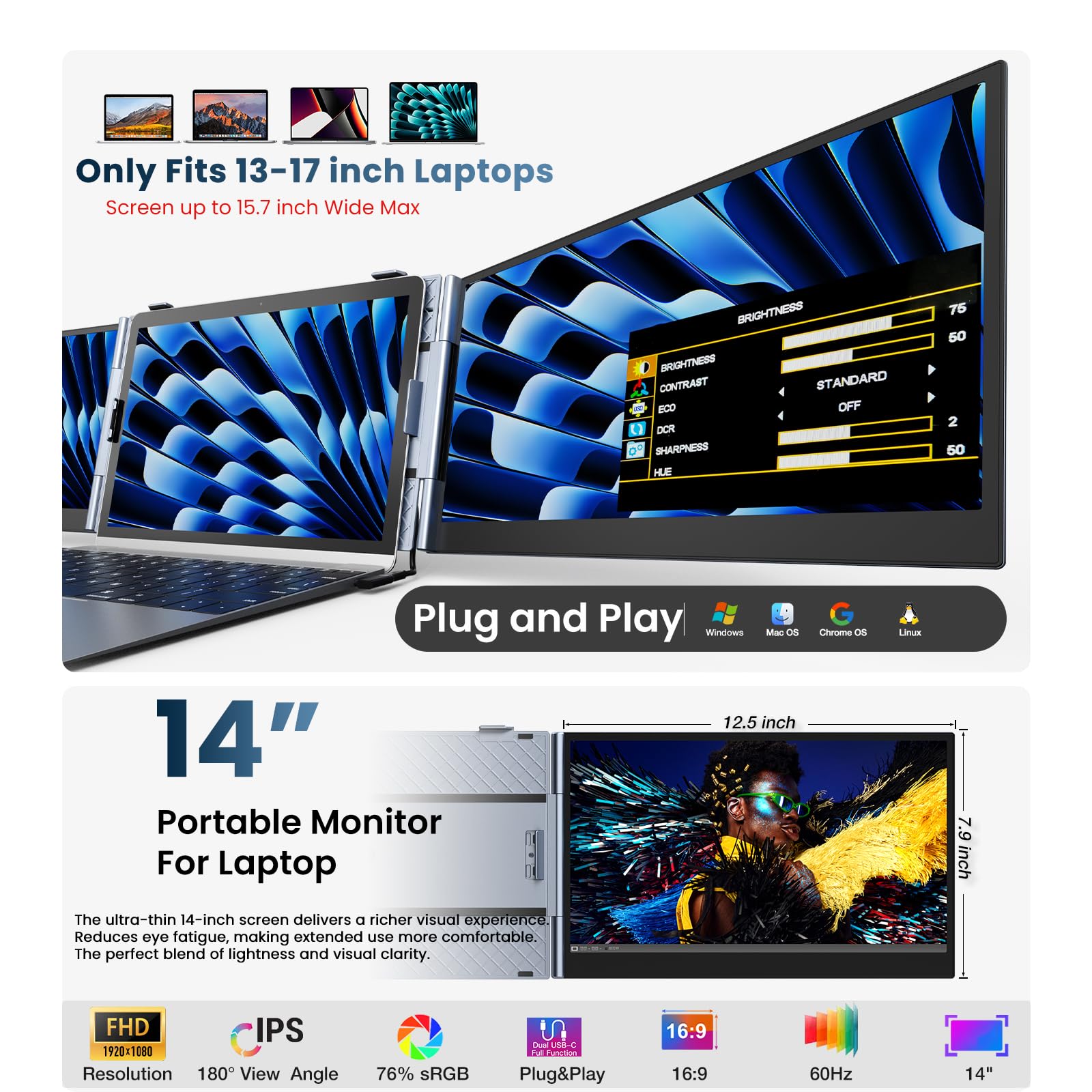 Kwumsy Écran Portable 14 Pouces - Triple Écran Pc Portable Plug & Play | Extension D'Écran pour Ordinateur Portable, Ultra-Fin et Ultra-Léger, Compatible PC Portable 13–17",Idéale Pour Le Multitâche
