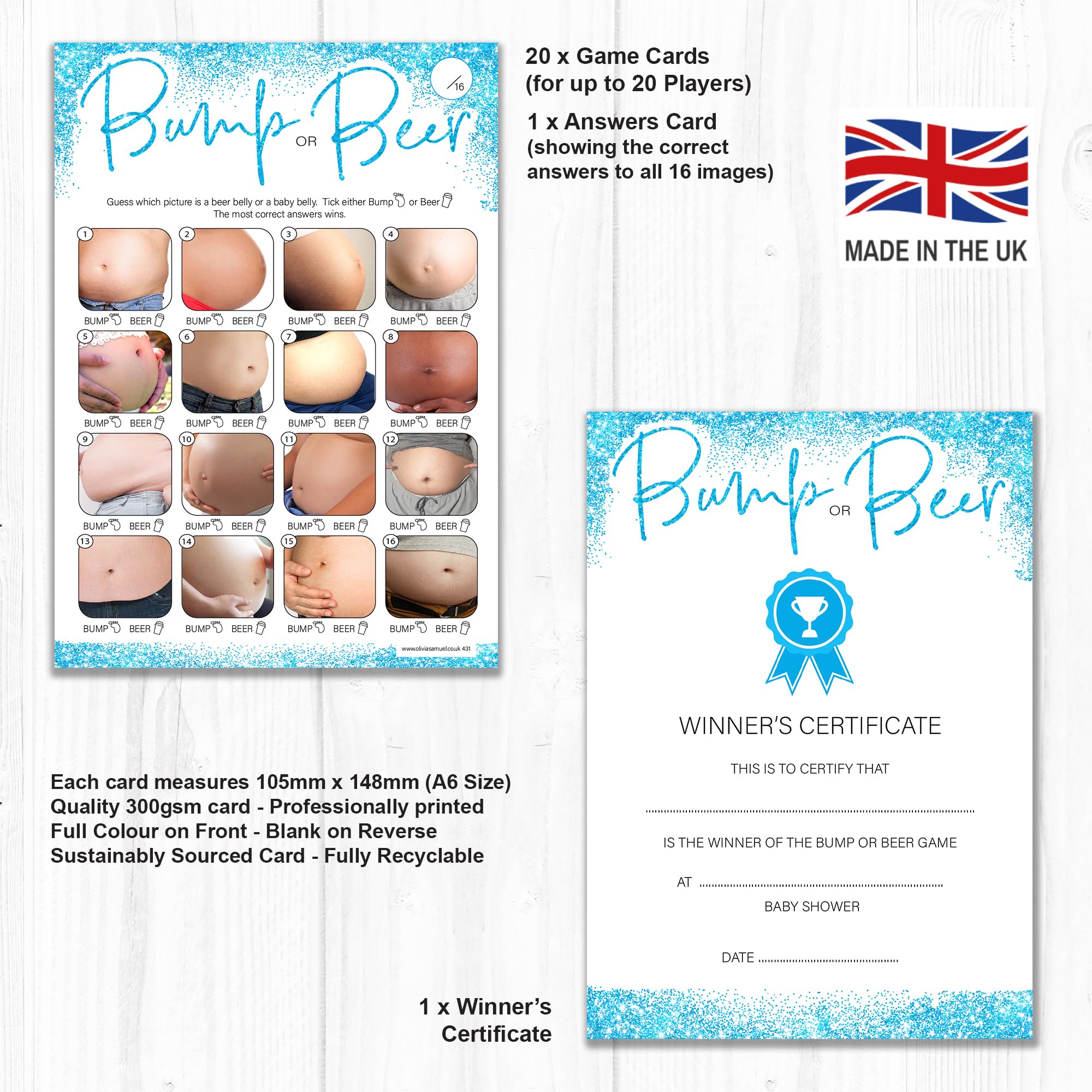 Gioco Baby Shower 'Birra O Bambino?' – 20 Carte Con Effetto Glitter Blu + Carta Risposte, Formato A6, Cartoncino Sostenibile 300g/m², Prodotto Nel Regno Unito