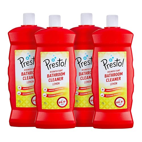 Amazon Brand - Presto! Bathroom Cleaner | Lemon | 4 Litre | 1 L x 4 Packs | Suitable For Bathroom Floors, Slabs, Wall Tiles, Sinks, Basins, Stainless Steel Taps, Shower Heads