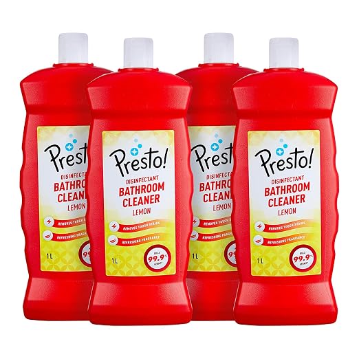 Amazon Brand - Presto! Bathroom Cleaner | Lemon | 4 Litre | 1 L x 4 Packs | Suitable For Bathroom Floors, Slabs, Wall Tiles, Sinks, Basins, Stainless Steel Taps, Shower Heads