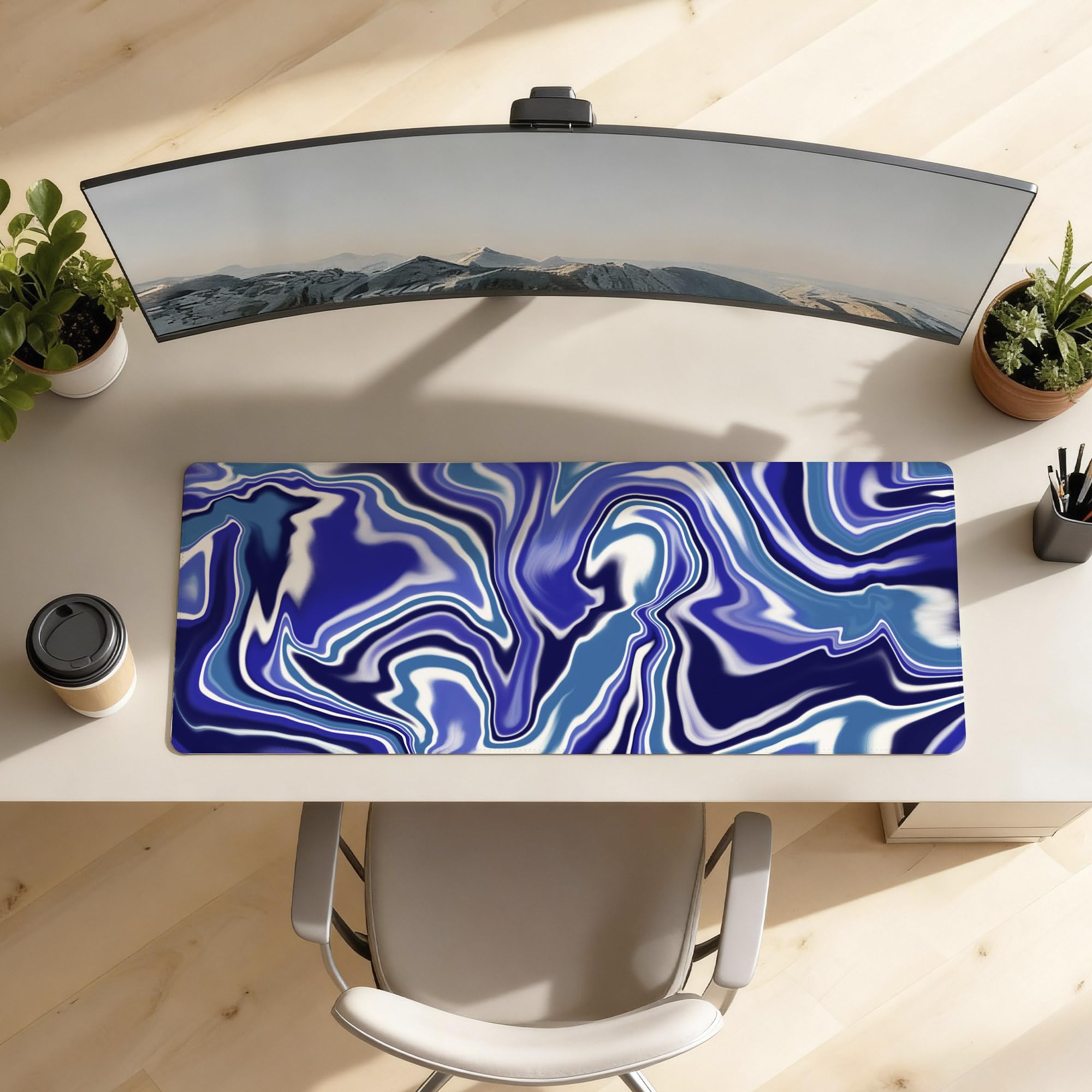 SoulAbiti Blue Cool Current Extended Desk Pad (36x14 Inch) - Fluid Art XXL Mouse Pad - Non-Slip Rubber Base & Stitched Edges 2