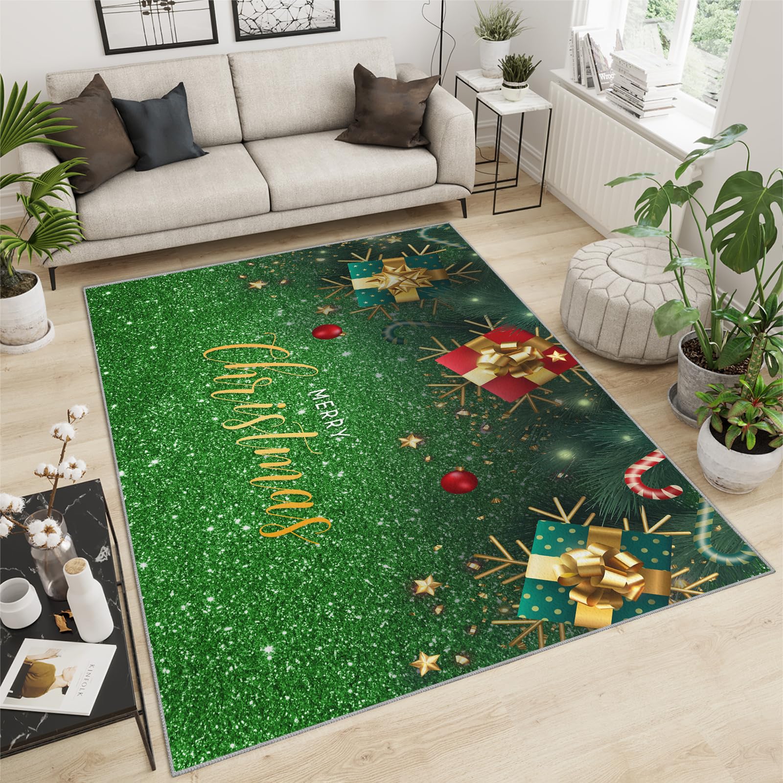 QDJKBL Area Rug 140 X 200 Cm Merry Christmas Pine Tree Box, Green Christmas Holiday Decoration Kitchen Rug, Sofa Cushion Fine Fluff for Farmhouse Bedroom Living Room