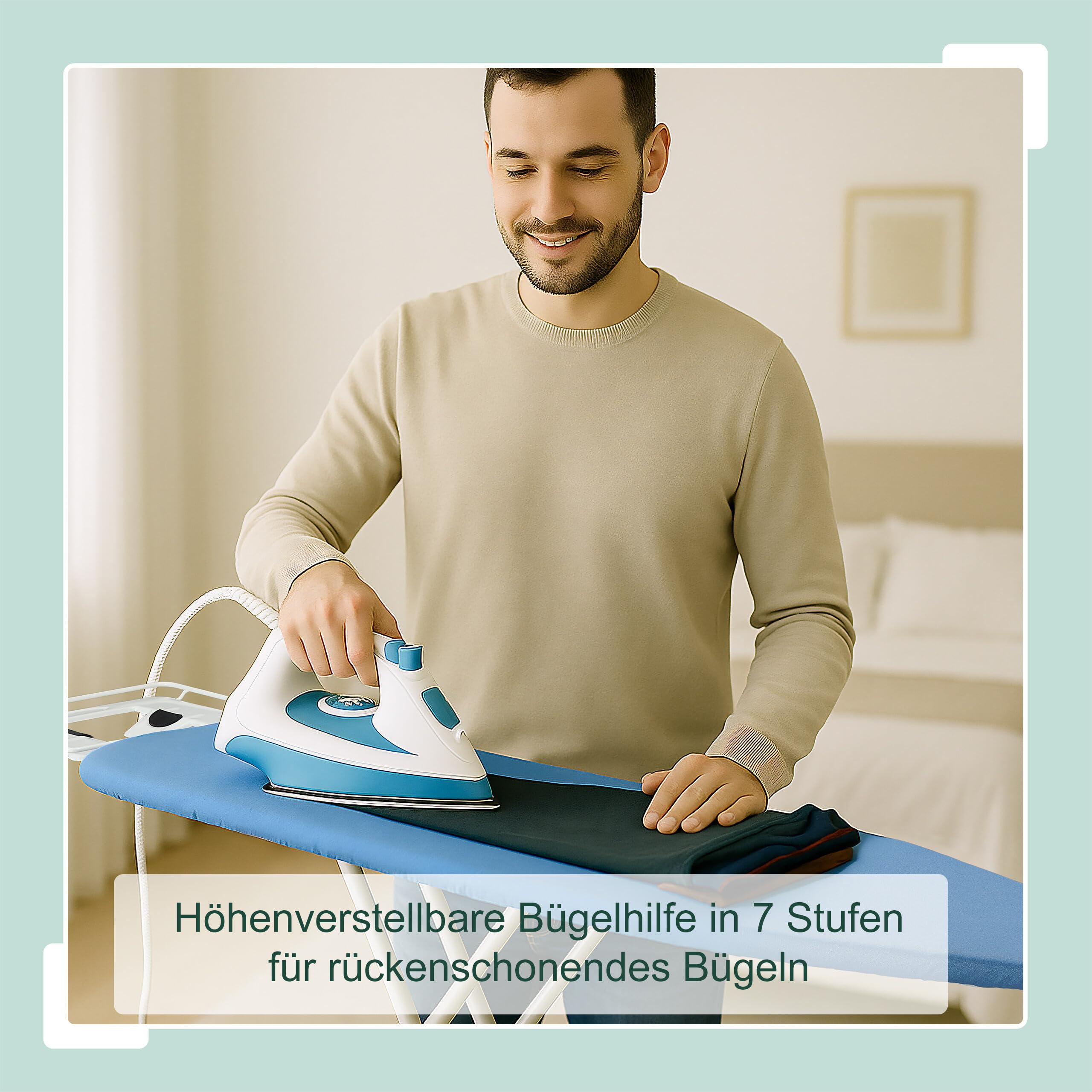 Relaxdays Bügelbrett für Dampfbügeleisen, 120 x 38 cm, höhenverstellbar, klappbar, Kleiderablage, Bügeltisch, blau