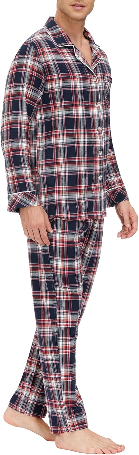 MoFiz Men's Cotton Pajamas Sets Sleepwear Long Sleeve Button Down Loungewear with Pants Soft Pjs Lounge Set with Pockets - Image 2