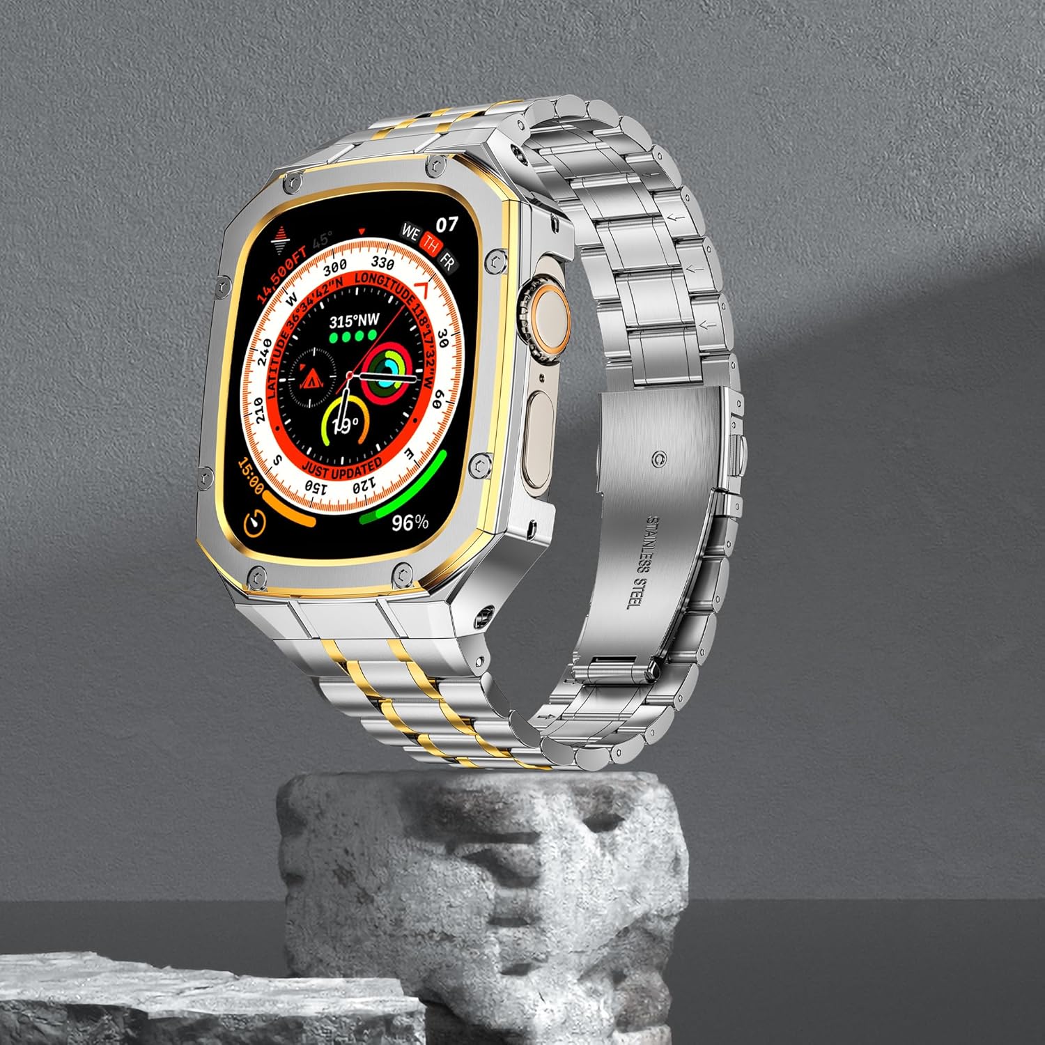 Stainless Steel Watch Band and Case Compatible with Apple Watch Ultra 3/2/1 (49mm),Adjustable Metal Strap and Rugged Protector Cover for iWatch Men,Silver/Gold - Image 5