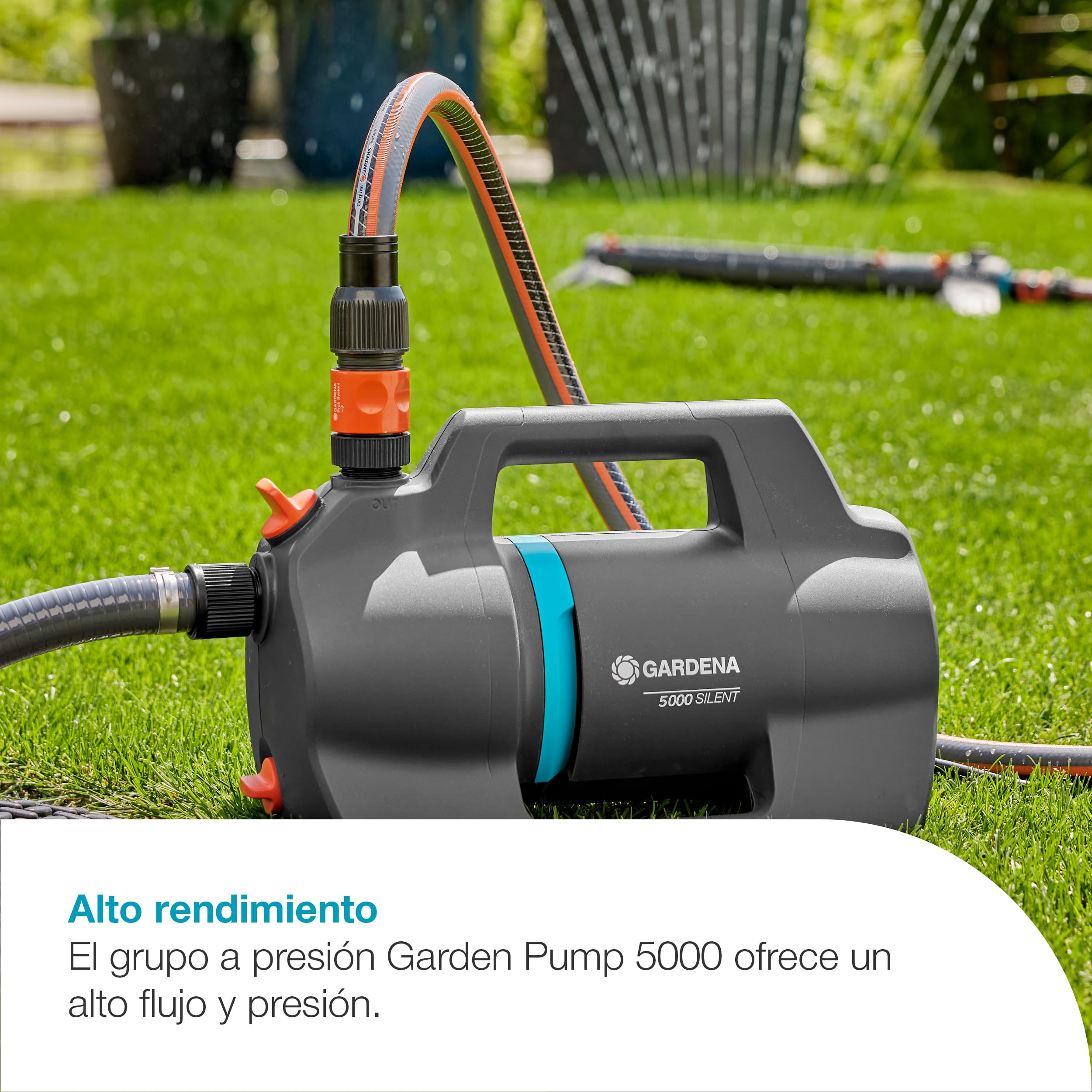 GARDENA Bomba de riego 5000 Silent Set Bombas: 26% más de flujo con el mismo consumo de energía que el predecesor, Operación de bajo ruido, carcasa resistente a la lluvia y a los rayos UV (9081-20)