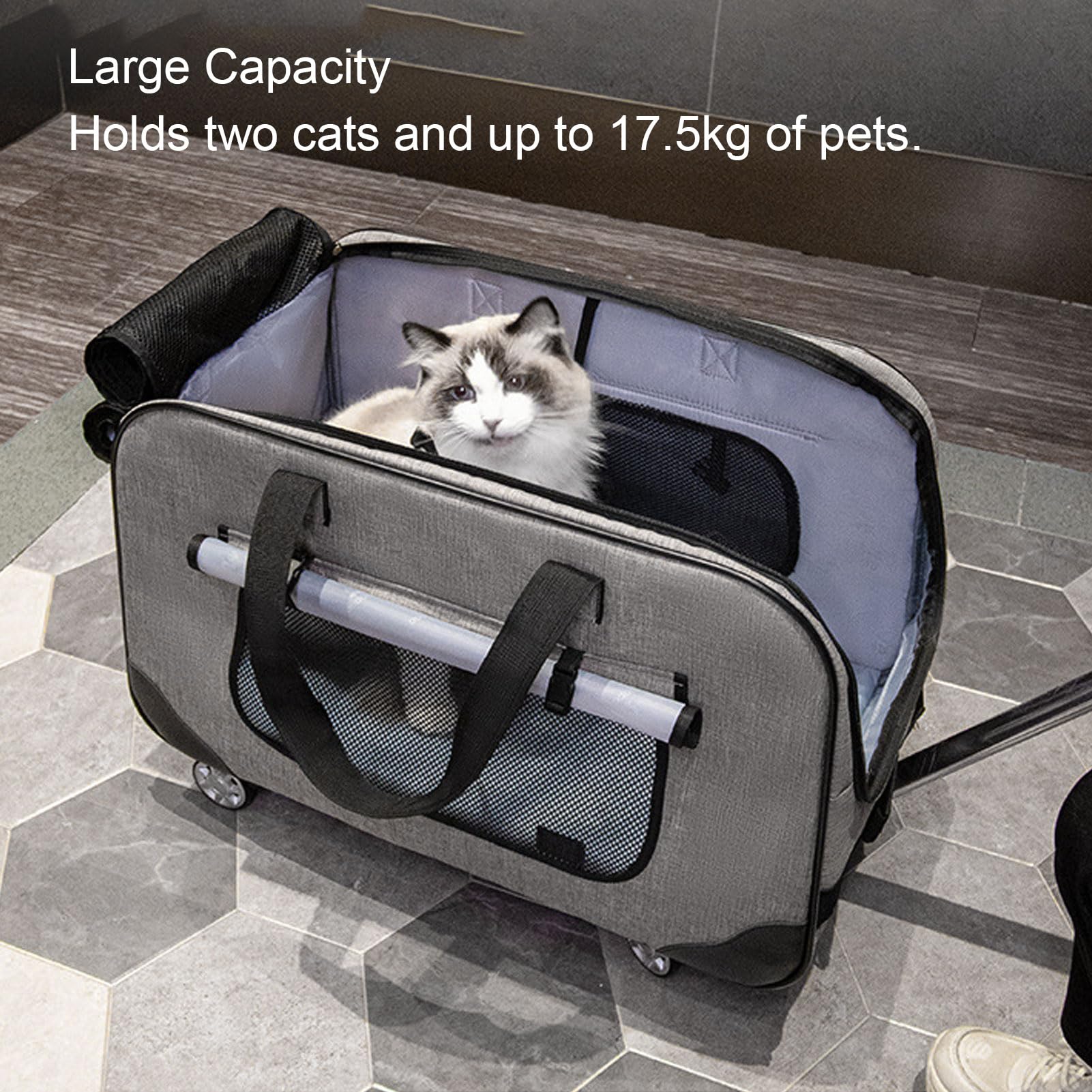 Transportín con Ruedas, Transportín Plegable para Perros Y Gatos con Ruedas Desmontables Y Asa Telescópica Transpirable Malla Oxford Tela Pet Travel Carrier para Menos De 17.5kg