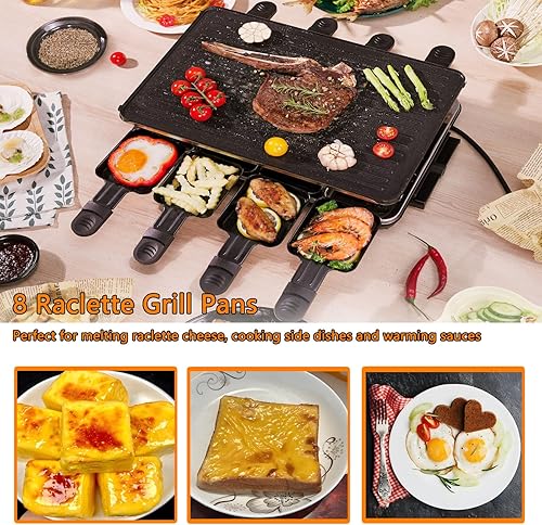 Miniatura 4 de Parrilla de barbacoa coreana 2 en 1, parrilla eléctrica antiadherente Raclette con 8 sartenes de raclette, temperatura ajustable de 1300 W,