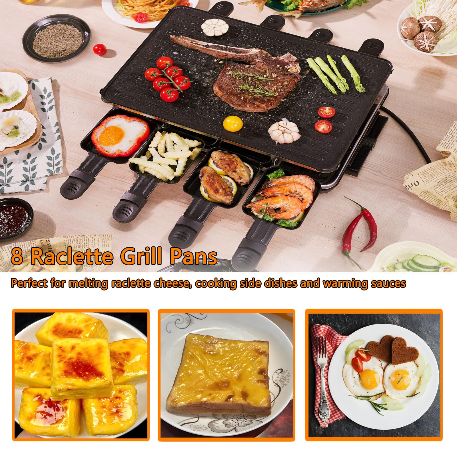Parrilla de barbacoa coreana 2 en 1, parrilla eléctrica antiadherente Raclette con 8 sartenes de raclette, temperatura ajustable de 1300 W, reversible, sin humo para fiestas familiares en interiores 4