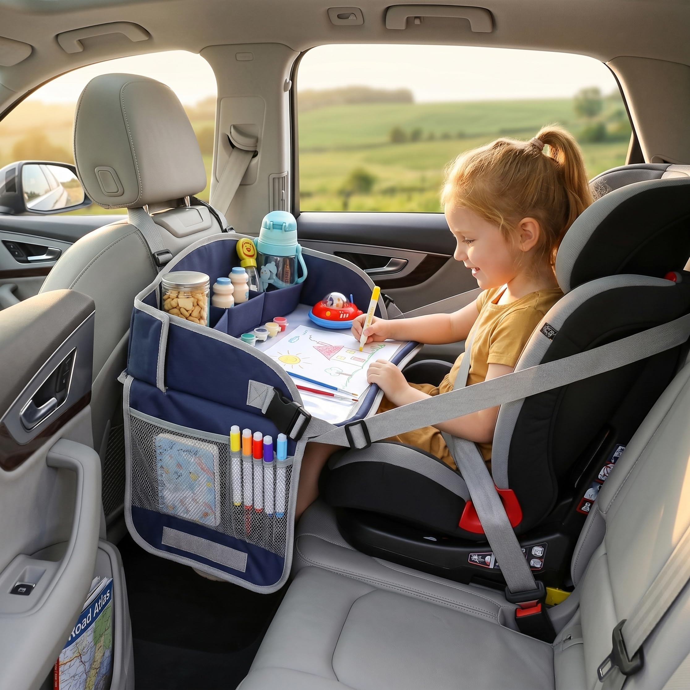 Vassoio da viaggio per bambini, grande vassoio pieghevole per seggiolino auto, con tasche portaoggetti, per ragazze e ragazzi, blu scuro