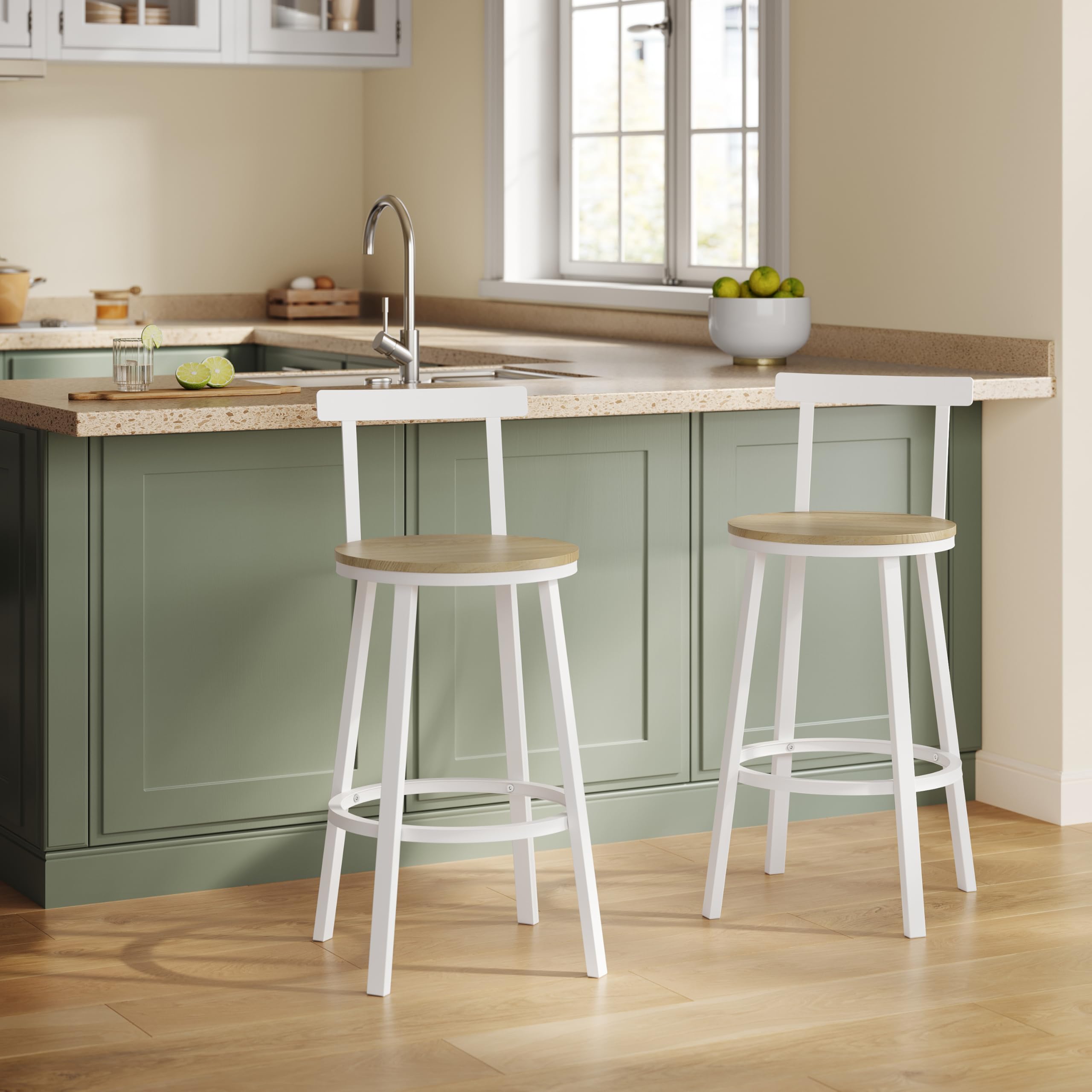 WOLTU Taburetes Bar Juego de 2, Taburetes Altos Cocina con Respaldo Bajo y Reposapiés, para Comedor, Cafeteria, Barra Cocina, Roble Claro