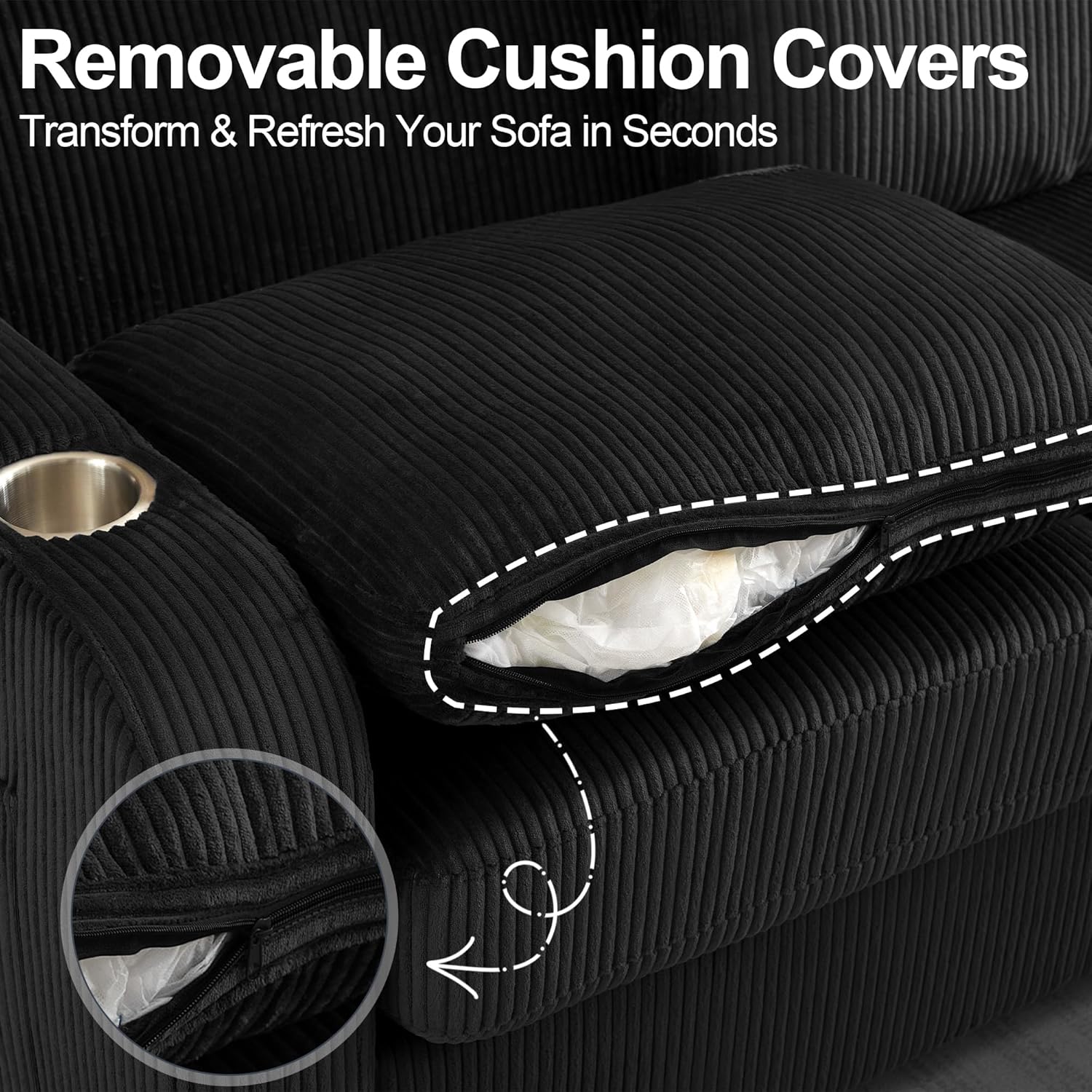 87.4" Oversized 3 Seater Couch, Upholstered Sofa for Living Room,Modern Deep Seat Comfy Loveseat Couches with Cup Holders,Corduroy Love Seat Sofa (Black)