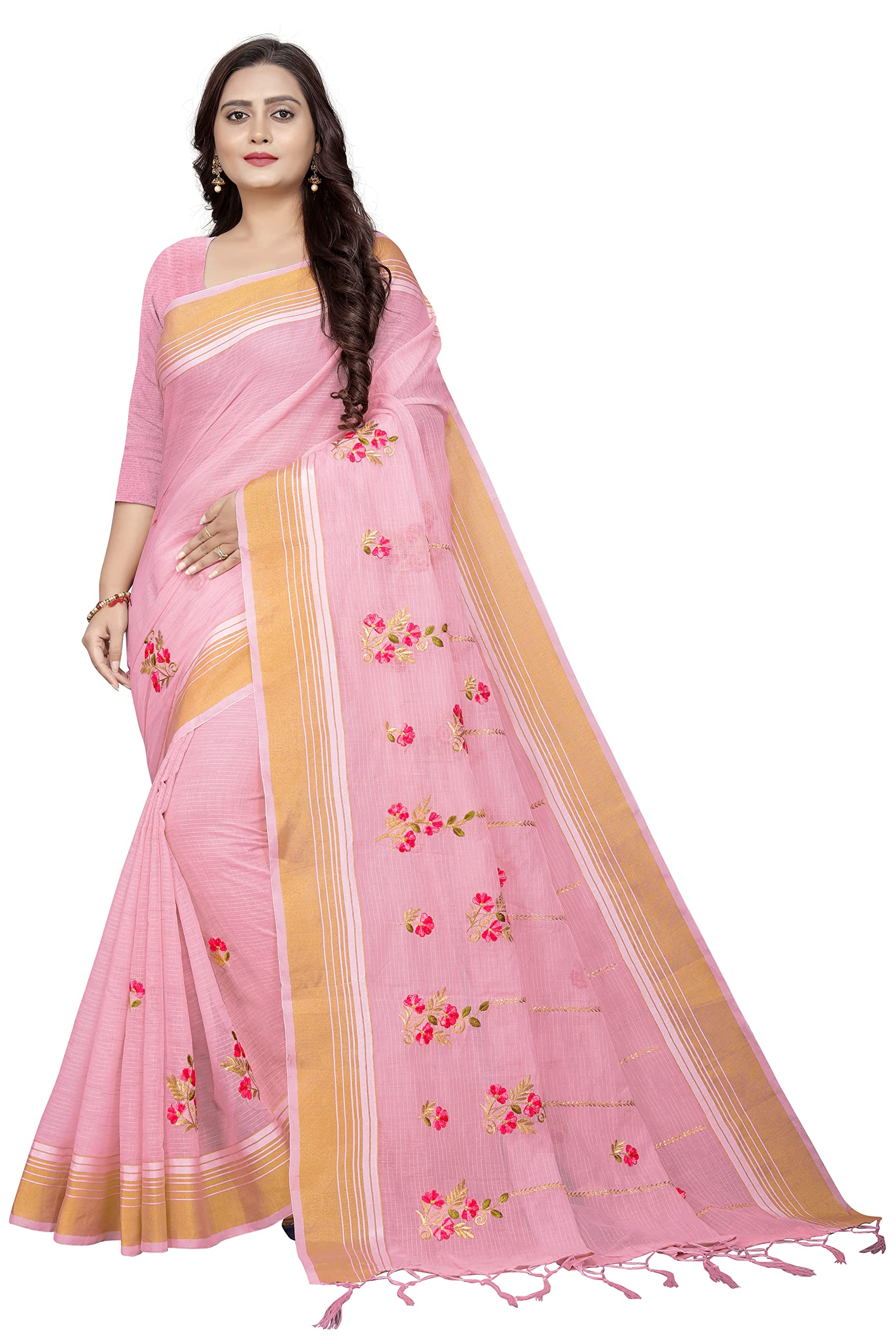 Laavaan Women's Cotton Saree With Embroidery Work & Blouse Piece